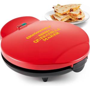 Elite Gourmet 11″ Cheesy Quesadilla Maker, 2-Position Locking Latch For Extra Stuffing, Easy-Slice 6-Wedge, Red(10.65″)