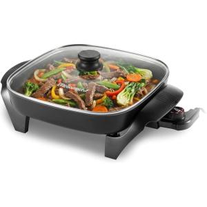 Elite Gourmet 12″ x 12″ x 3″ Ceralast™ PFAS Free Ceramic Electric Skillet, Dishwasher Safe, Xtra Deep Dish, Rapid Heat 1200W, Black(6Qt)