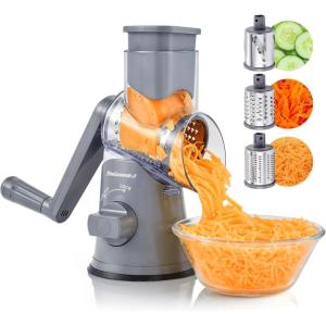Elite Gourmet EFP593 Rotary Cheese Grater with 3 Stainless-Steel Blades for Slicing, Shredding & Fine Shredding, Strong Suction Base, Dishwasher-Safe, Grey