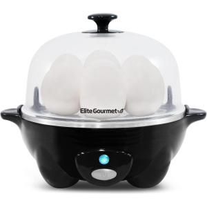 Elite Gourmet EGC-007B# Rapid Egg Cooker, 7 Easy-To-Peel, Hard, Medium, Soft Boiled Eggs, Poacher, Omelet Maker, Auto Shut-Off, Alarm, 16-Recipe Booklet, Black(Black)