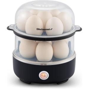 Elite Gourmet EGC1215B Easy Egg Cooker, Stainless-steel Heating Plate, Two-Tiered, 14-Egg Capacity, Soft, Medium, Hard-Boiled, Auto Shut-Off, Omelets, Poached Eggs, Measuring Cup, Piercing Pin, Black(Black)