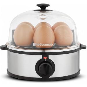 Elite Gourmet EGC1215B Easy Egg Cooker, Stainless-steel Heating Plate, Two-Tiered, 14-Egg Capacity, Soft, Medium, Hard-Boiled, Auto Shut-Off, Omelets, Poached Eggs, Measuring Cup, Piercing Pin, Black(Stainless Steel)