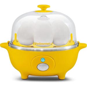 Elite Gourmet EGC855SS Easy Egg Cooker, 7-Egg Capacity, Soft, Medium, Hard-Boiled, Omelets, Poached Eggs, Plays Melody when Done, Auto Shut-Off, Measuring Cup, Stainless Steel(Yellow)