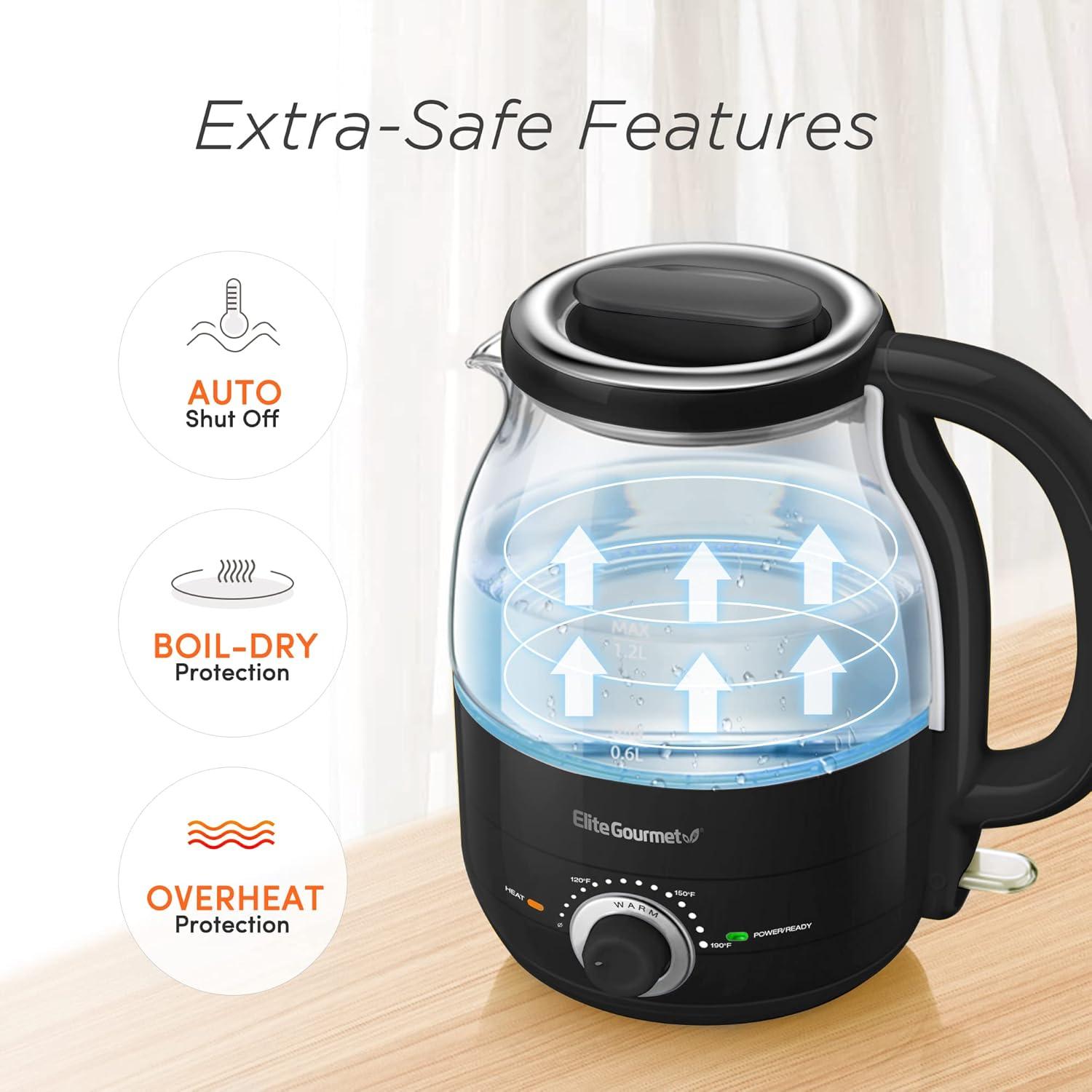imageElite Gourmet 12L Electric Glass Kettle 1200W Fast Boil Adjustable Temperature Control amp Keep Warm BPAFree Borosilicate Glass Auto ShutOff amp BoilDry Protection 360 Cordless Base MintBlack
