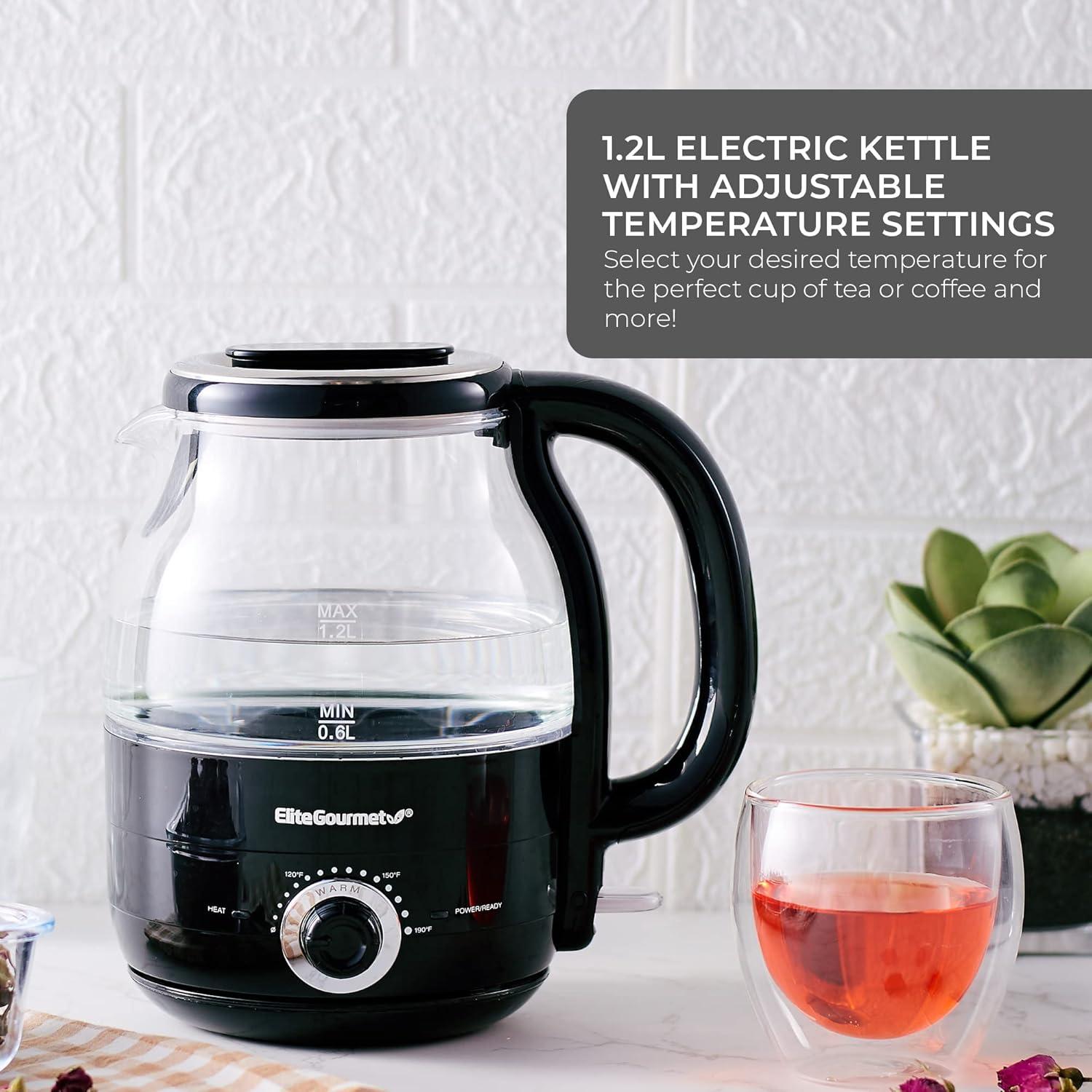 imageElite Gourmet 12L Electric Glass Kettle 1200W Fast Boil Adjustable Temperature Control amp Keep Warm BPAFree Borosilicate Glass Auto ShutOff amp BoilDry Protection 360 Cordless Base MintBlack
