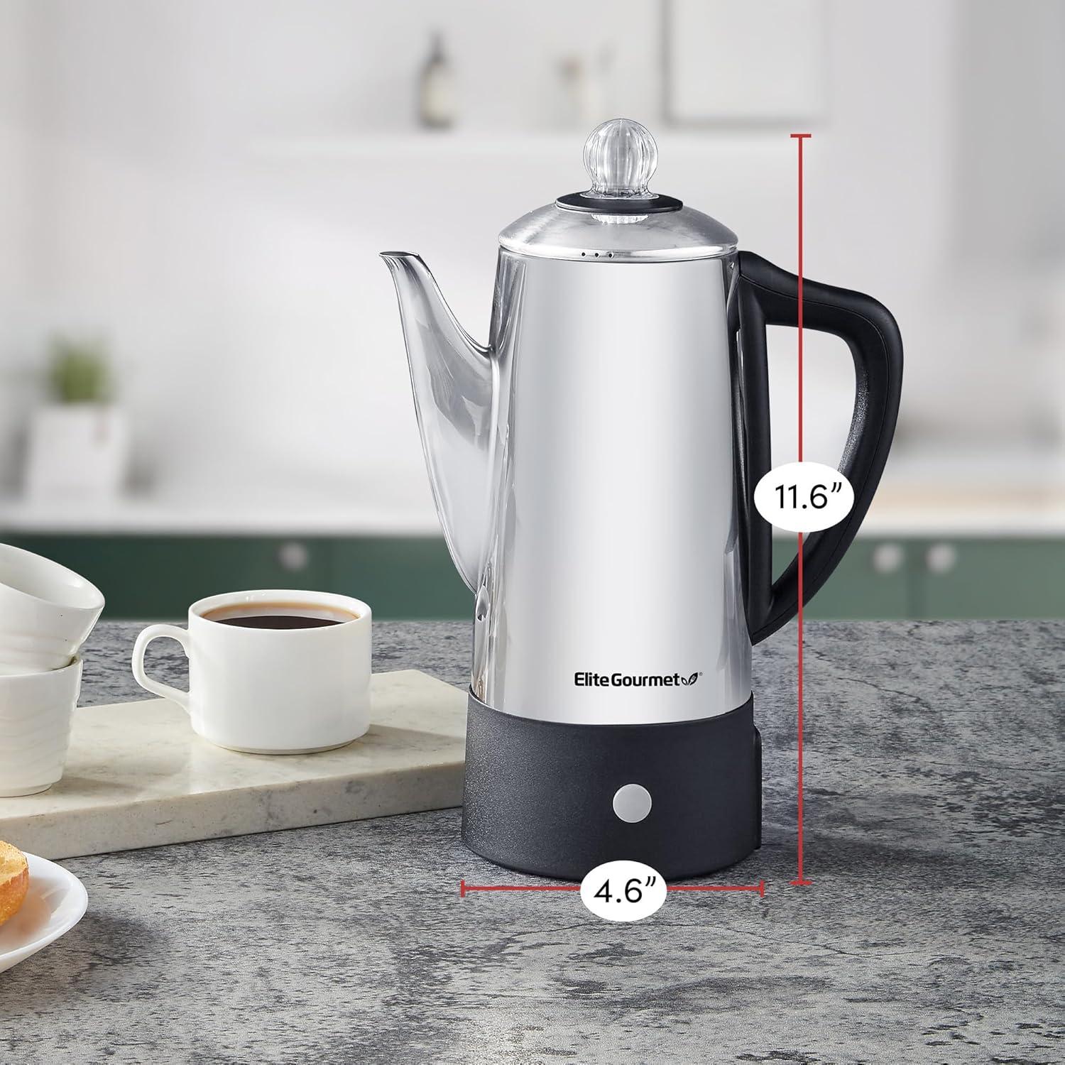 imageElite Gourmet 6Cup Electric Coffee Percolator Stainless Steel Fast Brewing Keep Warm with Auto ShutOff Clear Brew Progress Knob Cordless Serving Base Reusable Filter 1000W6 Cup