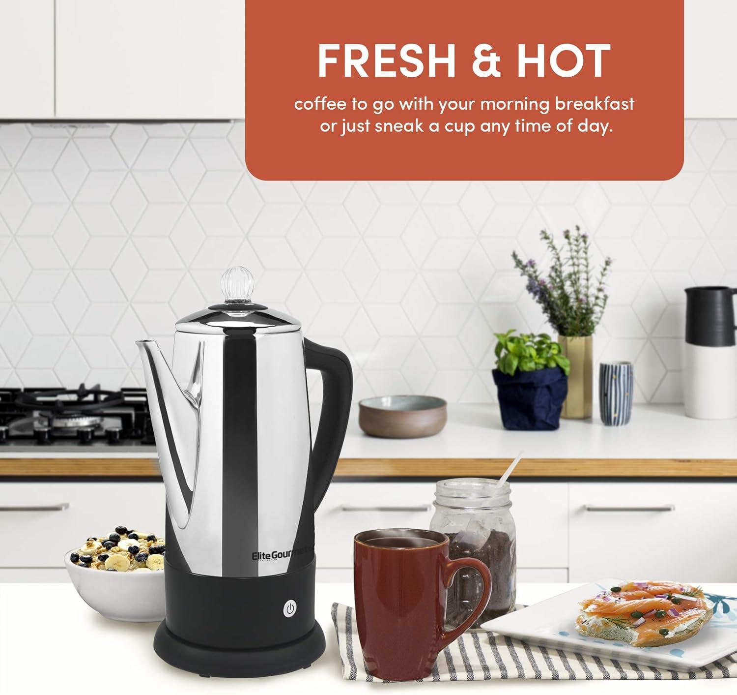 imageElite Gourmet 6Cup Electric Coffee Percolator Stainless Steel Fast Brewing Keep Warm with Auto ShutOff Clear Brew Progress Knob Cordless Serving Base Reusable Filter 1000W12Cup Pack of 4