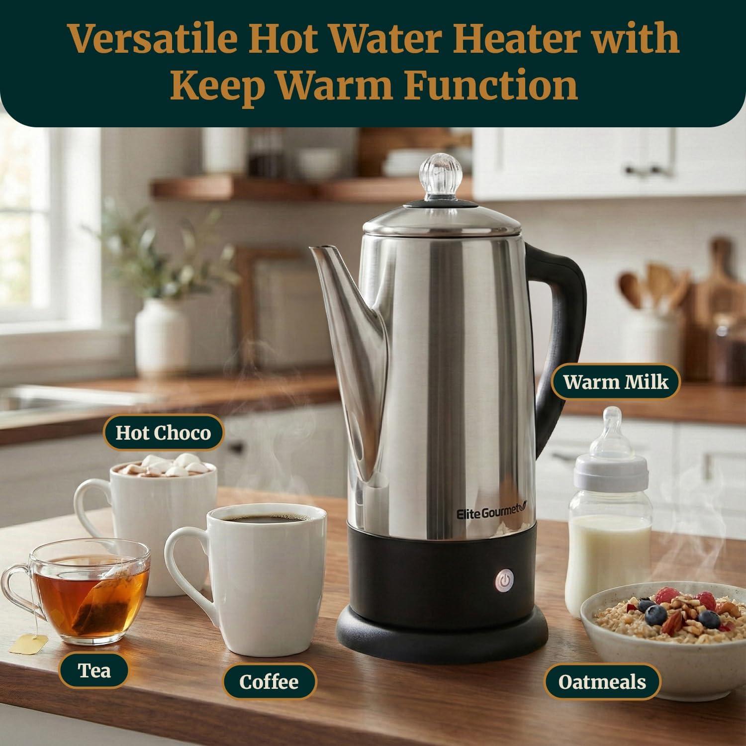 imageElite Gourmet 6Cup Electric Coffee Percolator Stainless Steel Fast Brewing Keep Warm with Auto ShutOff Clear Brew Progress Knob Cordless Serving Base Reusable Filter 1000W12Cup