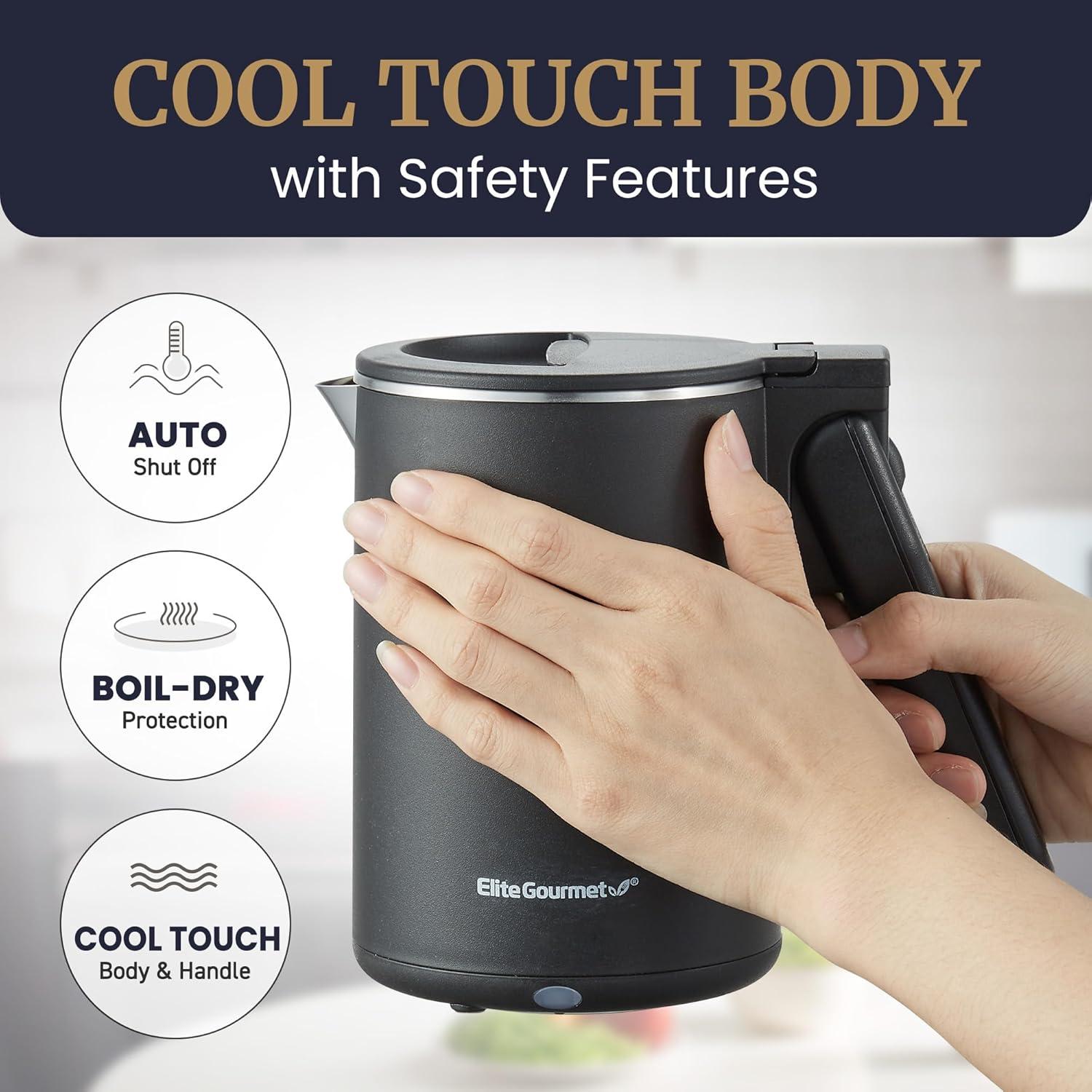 imageElite Gourmet Dual Voltage 120230V Travel Double Wall Insulated CoolTouch 06L Electric Kettle Stainless Steel Interior HingedLocking Lid Auto ShutOff Boil Dry Protection Black06 Quarts