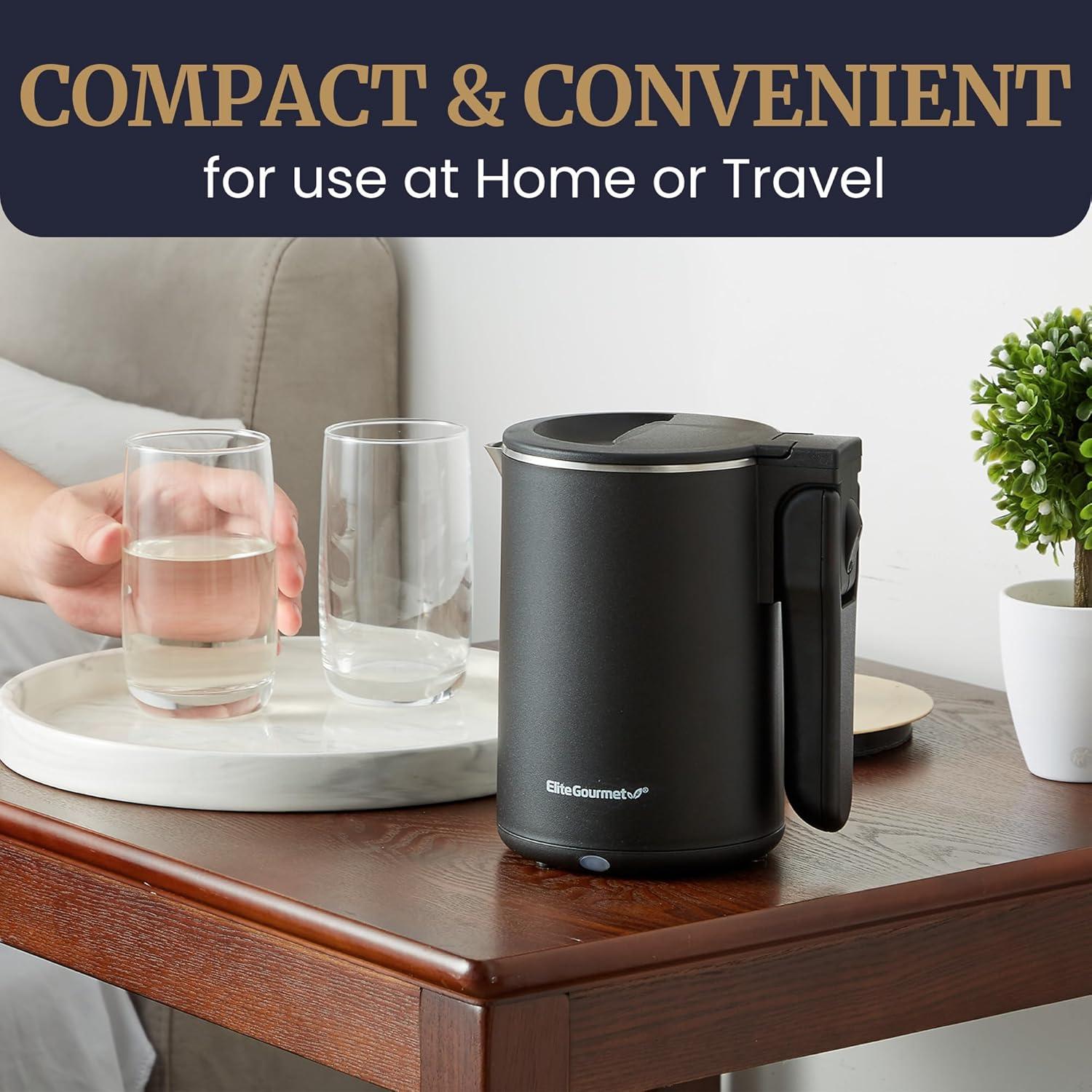 imageElite Gourmet Dual Voltage 120230V Travel Double Wall Insulated CoolTouch 06L Electric Kettle Stainless Steel Interior HingedLocking Lid Auto ShutOff Boil Dry Protection Black06 Quarts