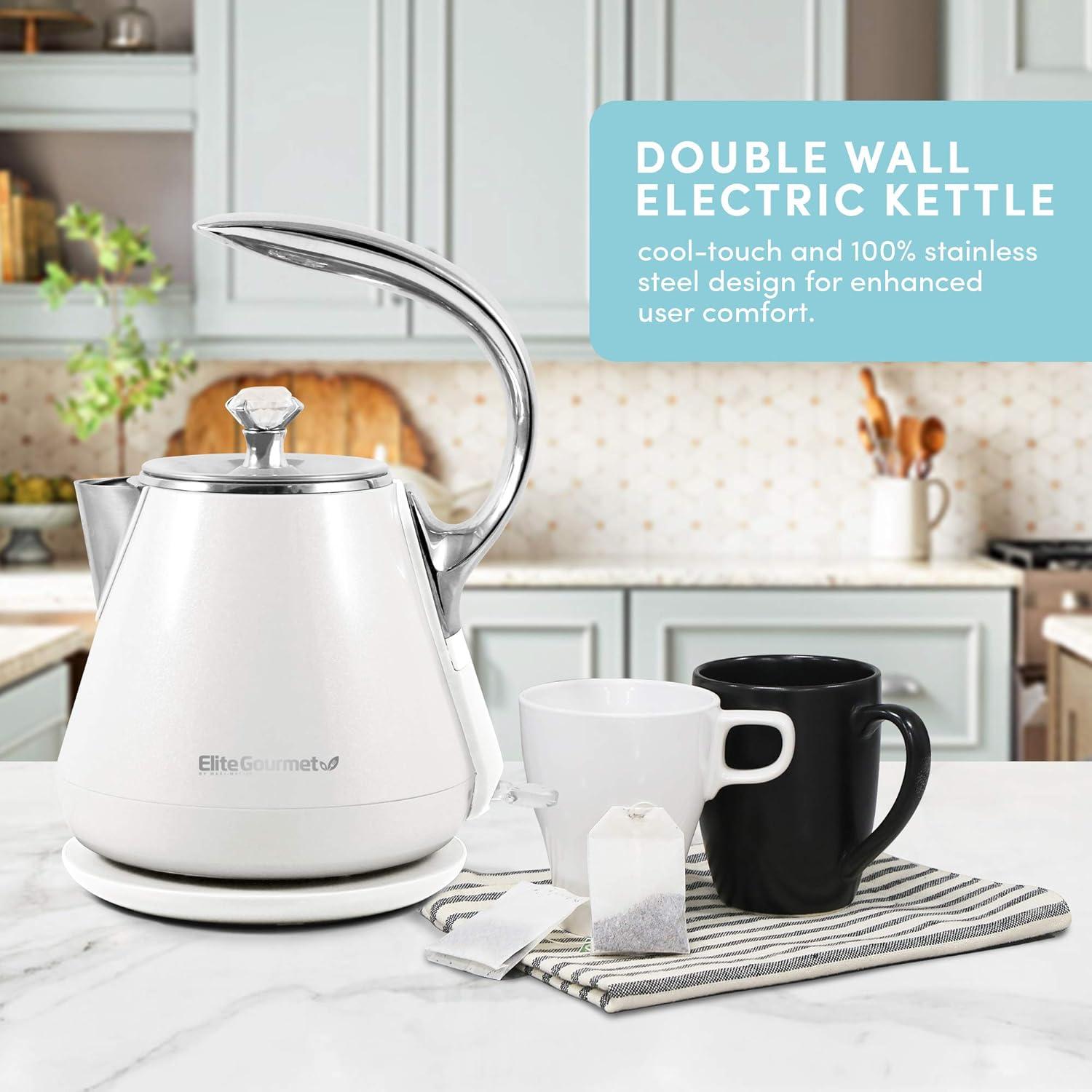 imageElite Gourmet Dual Voltage 120230V Travel Double Wall Insulated CoolTouch 06L Electric Kettle Stainless Steel Interior HingedLocking Lid Auto ShutOff Boil Dry Protection Black14 Quarts