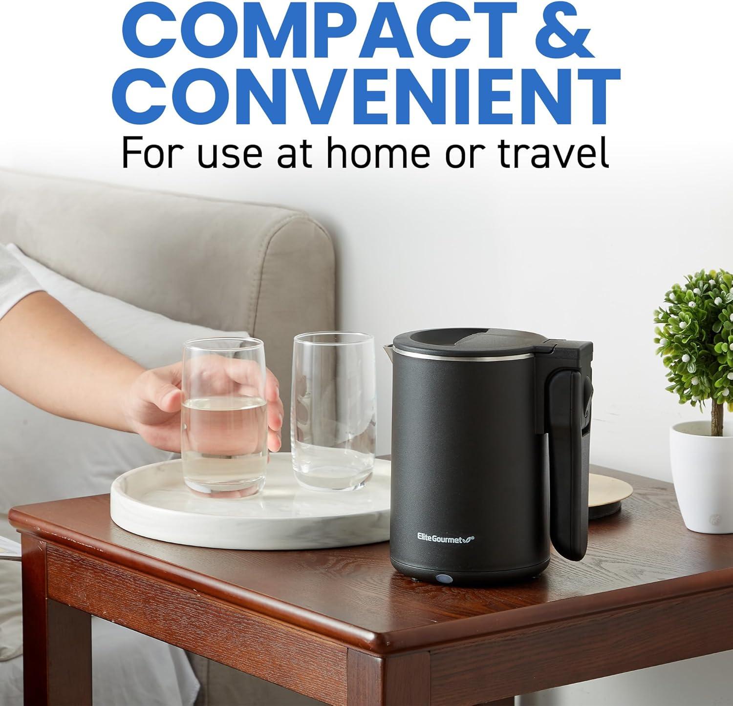 imageElite Gourmet Dual Voltage 120230V Travel Double Wall Insulated CoolTouch 06L Electric Kettle Stainless Steel Interior HingedLocking Lid Auto ShutOff Boil Dry Protection Black06 Quarts Pack of 6