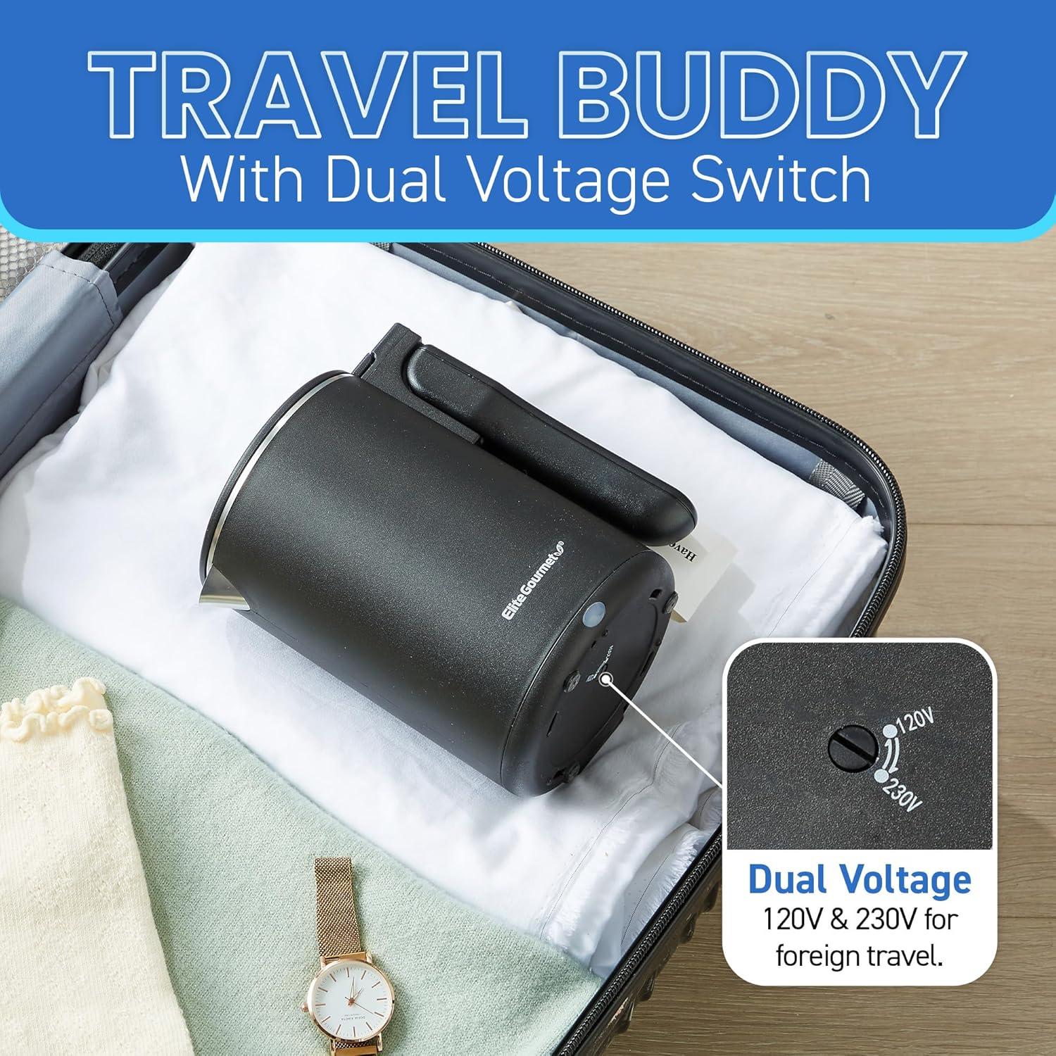 imageElite Gourmet Dual Voltage 120230V Travel Double Wall Insulated CoolTouch 06L Electric Kettle Stainless Steel Interior HingedLocking Lid Auto ShutOff Boil Dry Protection Black06 Quarts Pack of 6