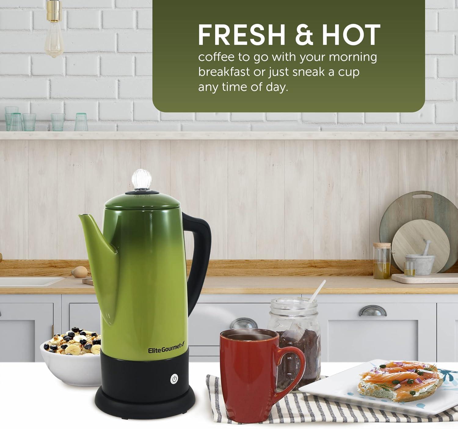 imageElite Gourmet EC922 Electric Coffee Percolator BPA Free Keep Warm Glass Clear Brew Progress Knob CoolTouch Handle Cordless Serve 12Cup Stainless SteelRetro Green