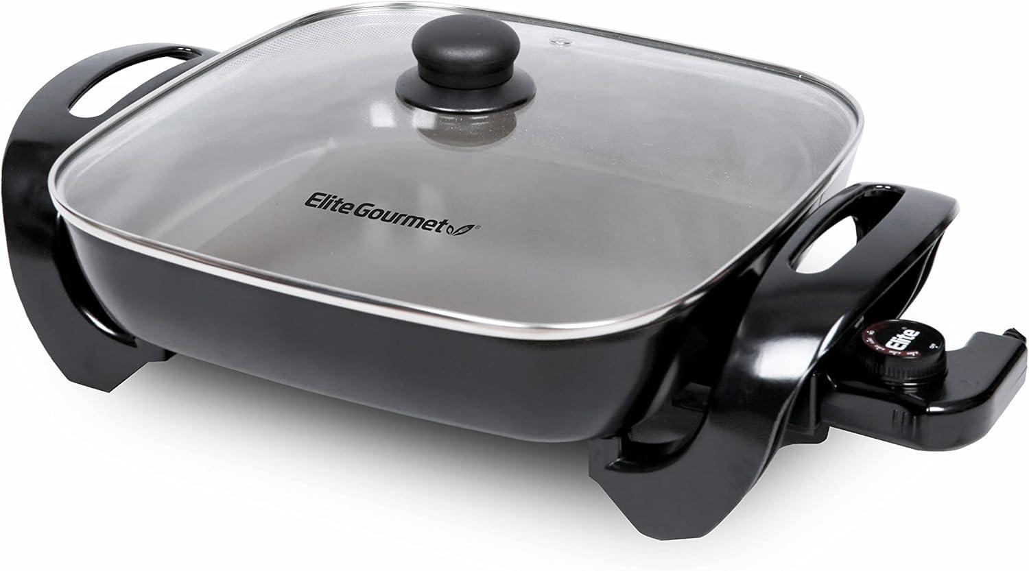 imageElite Gourmet EG3033 12x12x235 Healthy Ceramic with Titanium Coated Scratch Resistant Electric Skillet Dishwasher Safe Rapid Heat Up 1200W Dark Grey 6 Quart