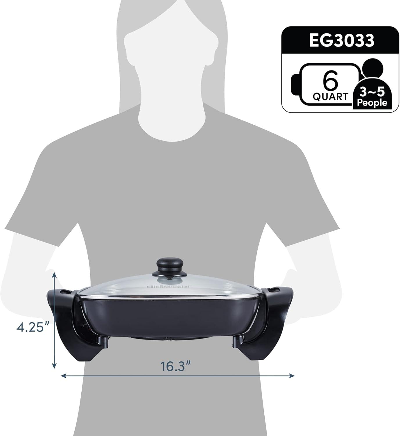 imageElite Gourmet EG3033 12x12x235 Healthy Ceramic with Titanium Coated Scratch Resistant Electric Skillet Dishwasher Safe Rapid Heat Up 1200W Dark Grey 6 Quart