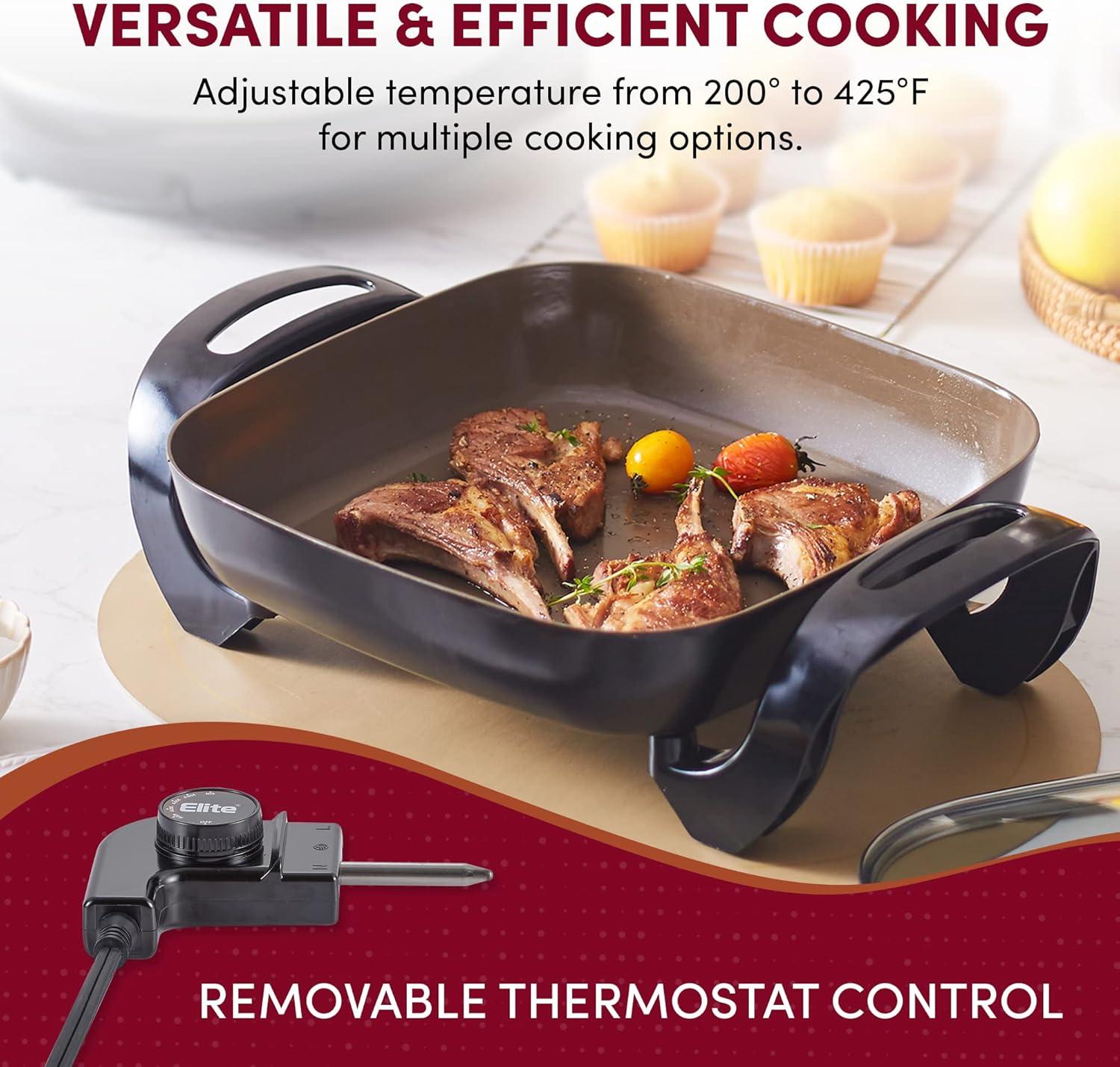 imageElite Gourmet EG3033 12x12x235 Healthy Ceramic with Titanium Coated Scratch Resistant Electric Skillet Dishwasher Safe Rapid Heat Up 1200W Dark Grey 6 Quart