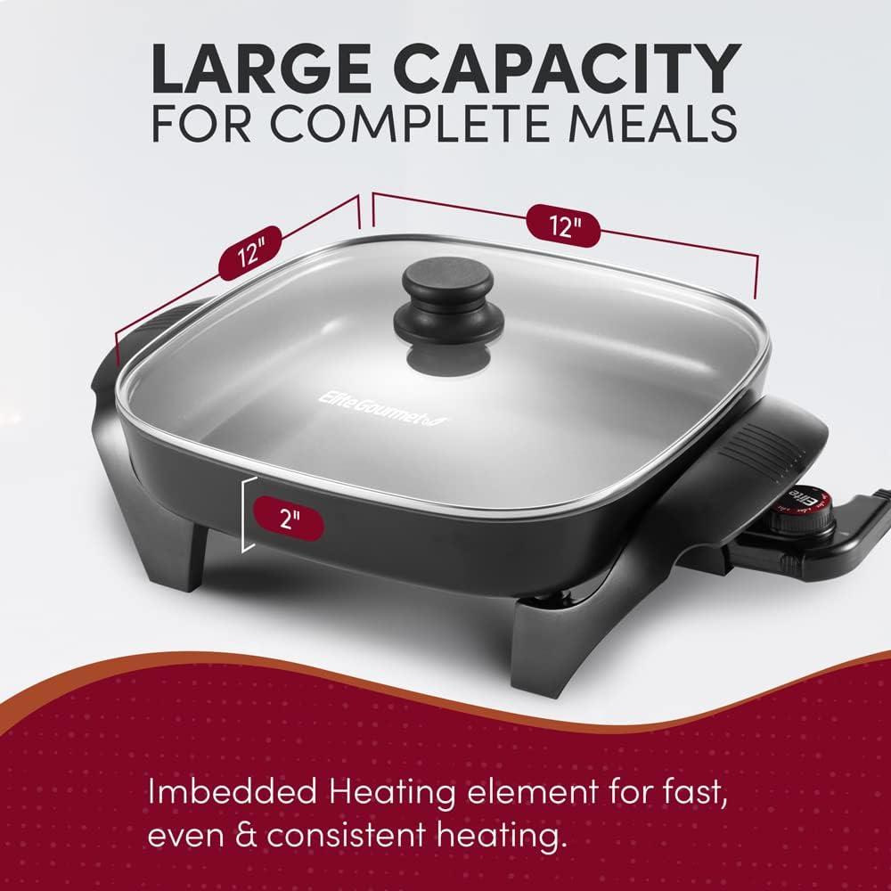imageElite Gourmet EG6201 Extra Deep 12x12x32 75Qt Scratch Resistant Dishwasher Safe Nonstick Electric Skillet with Glass Vented Lid Adjustable Temperature Black12 x 12 6 Qt