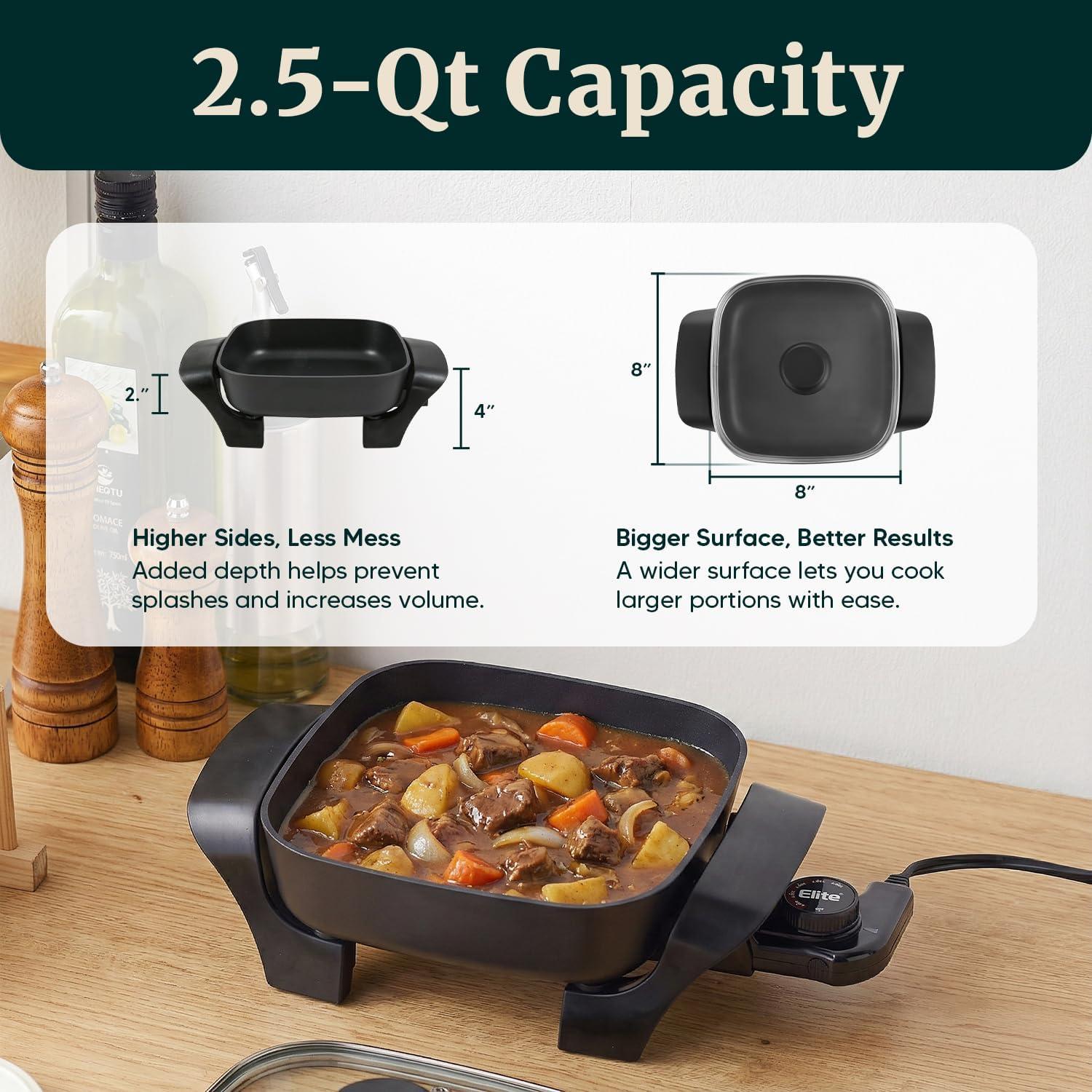 imageElite Gourmet EG6201 Extra Deep 12x12x32 75Qt Scratch Resistant Dishwasher Safe Nonstick Electric Skillet with Glass Vented Lid Adjustable Temperature Black8 x 8 25 Qt
