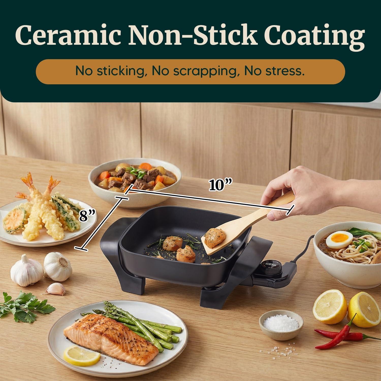 imageElite Gourmet EG6201 Extra Deep 12x12x32 75Qt Scratch Resistant Dishwasher Safe Nonstick Electric Skillet with Glass Vented Lid Adjustable Temperature Black8 x 8 25 Qt