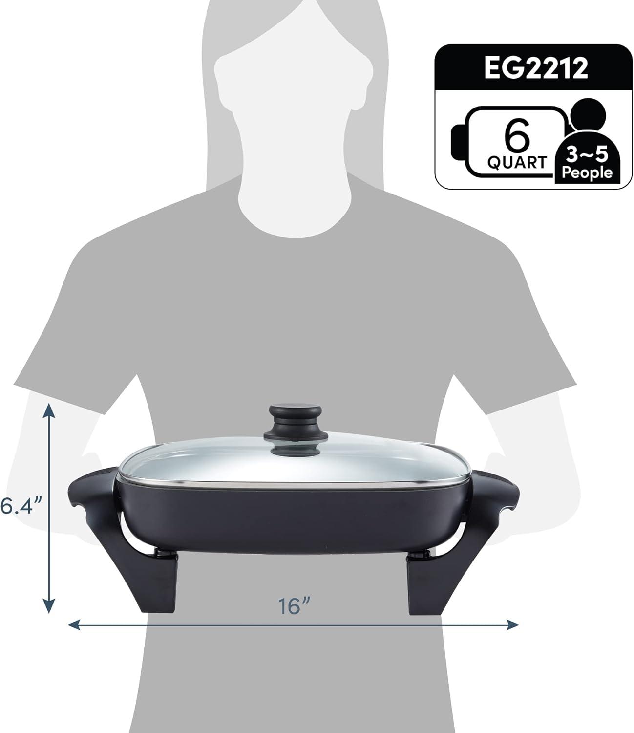 imageElite Gourmet EG6201 Extra Deep 12x12x32 75Qt Scratch Resistant Dishwasher Safe Nonstick Electric Skillet with Glass Vented Lid Adjustable Temperature Black12 x 12 6 Qt