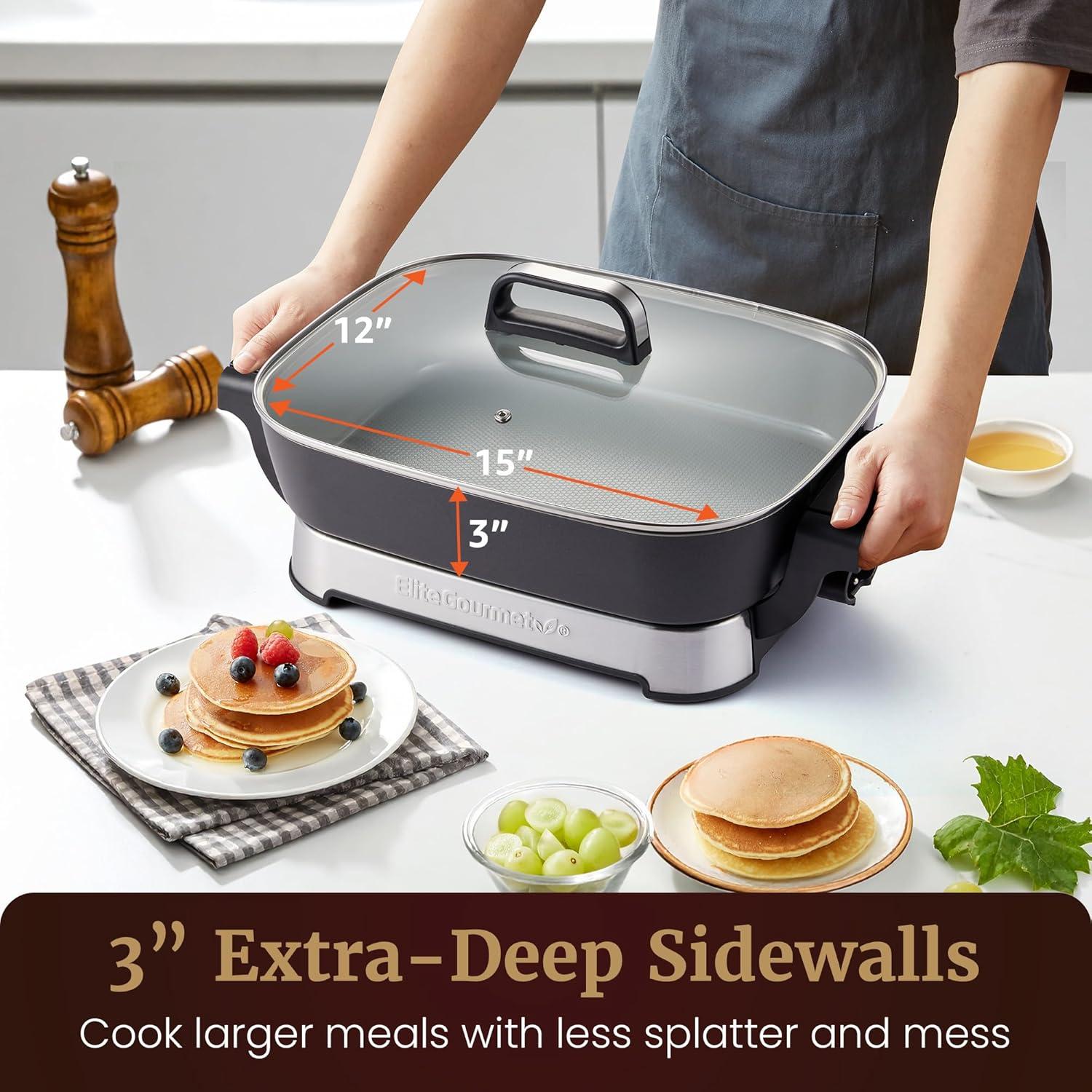 imageElite Gourmet EG6201 Extra Deep 12x12x32 75Qt Scratch Resistant Dishwasher Safe Nonstick Electric Skillet with Glass Vented Lid Adjustable Temperature Black15 x 12 10 Qt