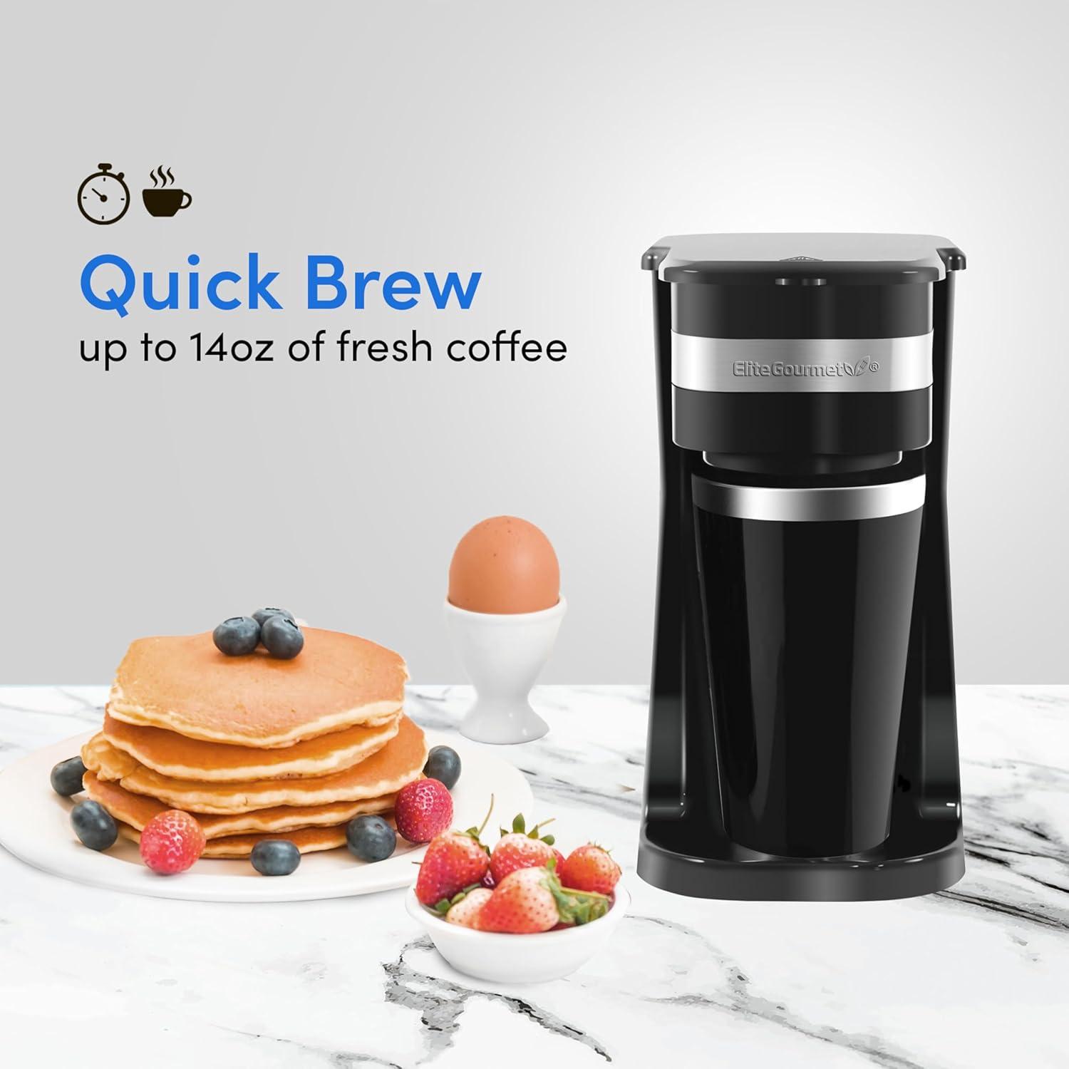 imageElite Gourmet EHC111A Personal SingleServe Compact Coffee Maker Brewer Includes 14Oz Stainless Steel Interior Thermal Travel Mug Compatible with Coffee Grounds Reusable Filter BlackBlack