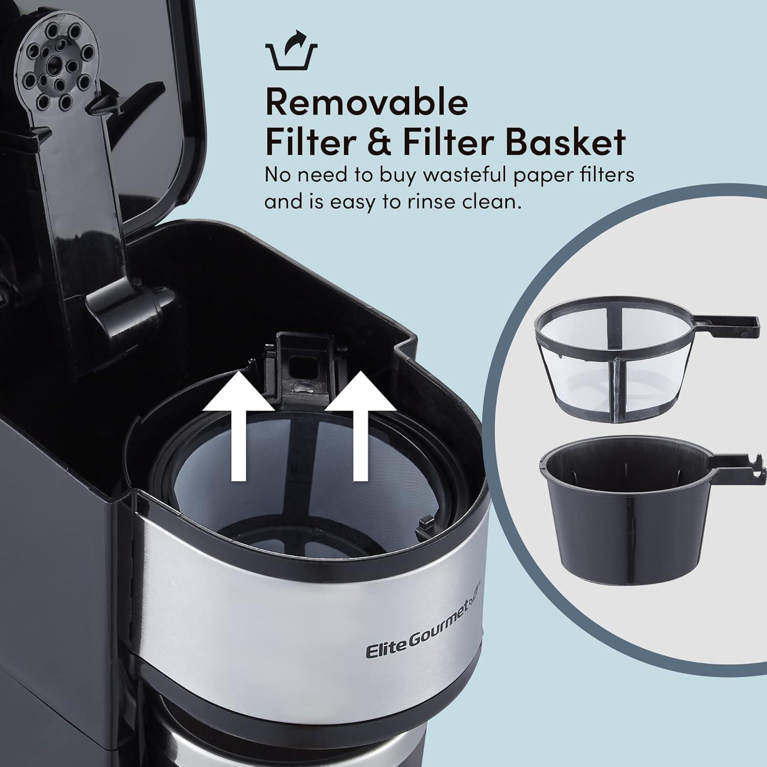 imageElite Gourmet EHC111A Personal SingleServe Compact Coffee Maker Brewer Includes 14Oz Stainless Steel Interior Thermal Travel Mug Compatible with Coffee Grounds Reusable Filter BlackStainless Steel
