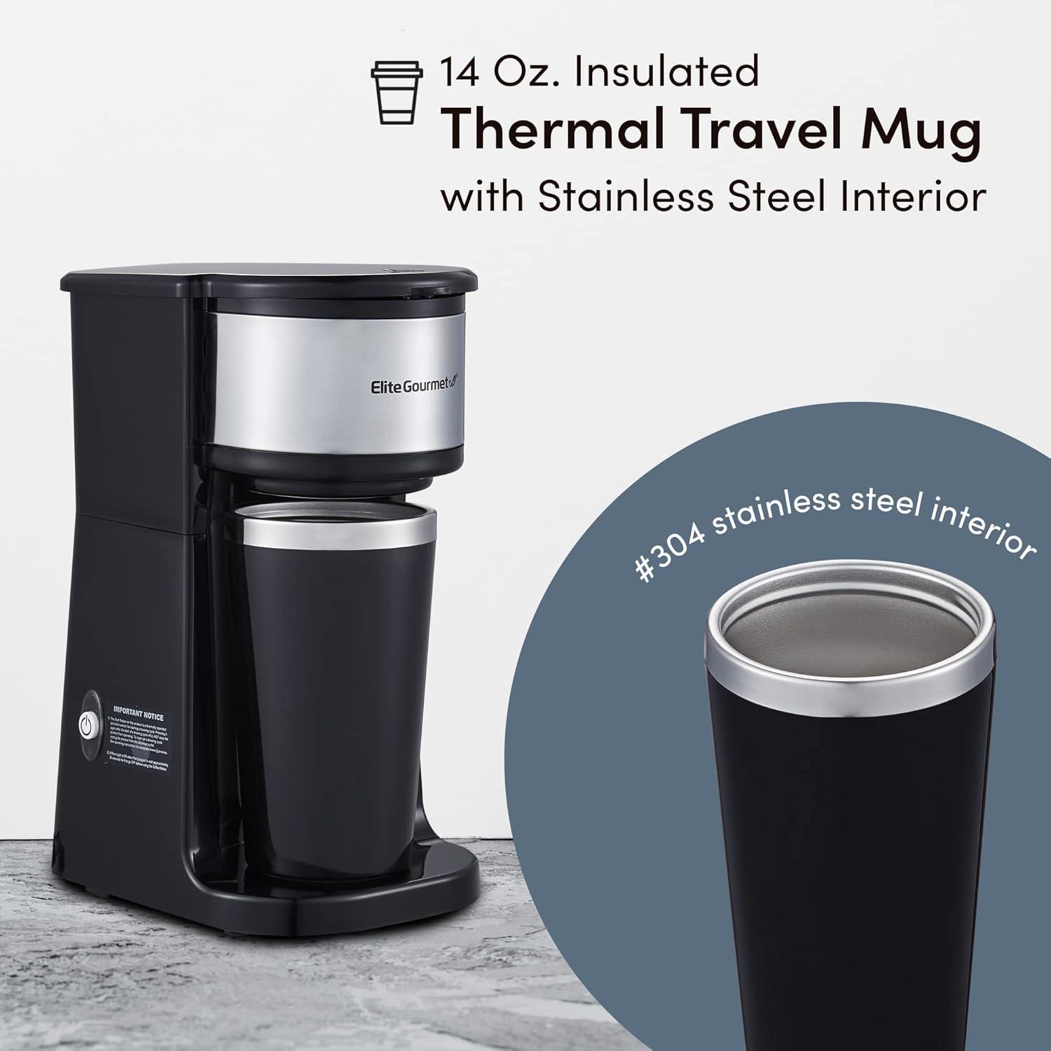 imageElite Gourmet EHC111A Personal SingleServe Compact Coffee Maker Brewer Includes 14Oz Stainless Steel Interior Thermal Travel Mug Compatible with Coffee Grounds Reusable Filter BlackStainless Steel