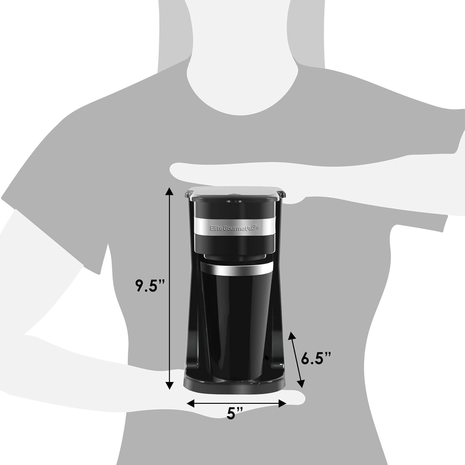 imageElite Gourmet EHC113 Personal SingleServe Compact Coffee Maker Brewer Includes 14Oz Stainless Steel Interior Thermal Travel Mug Compatible with Coffee Grounds Reusable Filter BlackBlack