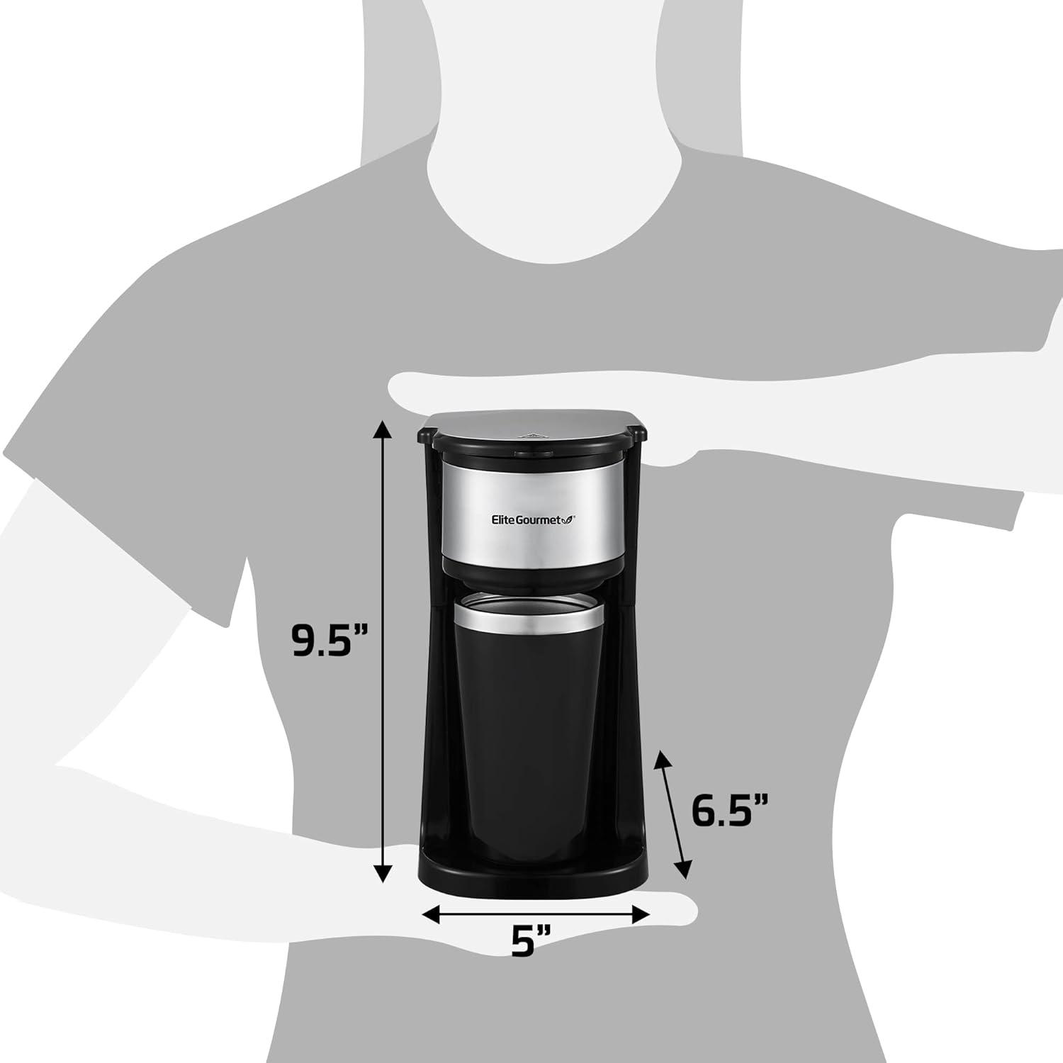 imageElite Gourmet EHC113 Personal SingleServe Compact Coffee Maker Brewer Includes 14Oz Stainless Steel Interior Thermal Travel Mug Compatible with Coffee Grounds Reusable Filter BlackStainless Steel