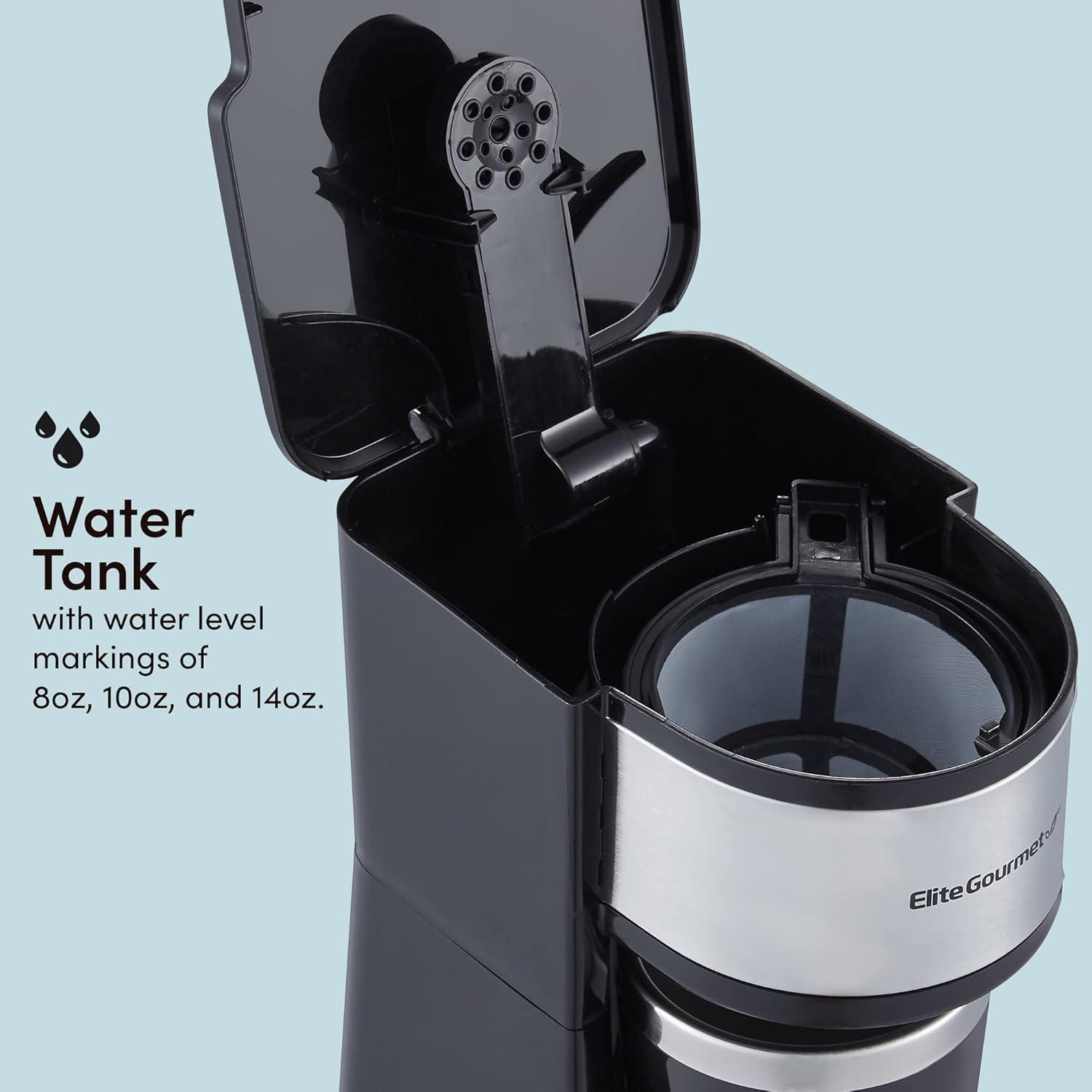 imageElite Gourmet EHC113 Personal SingleServe Compact Coffee Maker Brewer Includes 14Oz Stainless Steel Interior Thermal Travel Mug Compatible with Coffee Grounds Reusable Filter BlackStainless Steel
