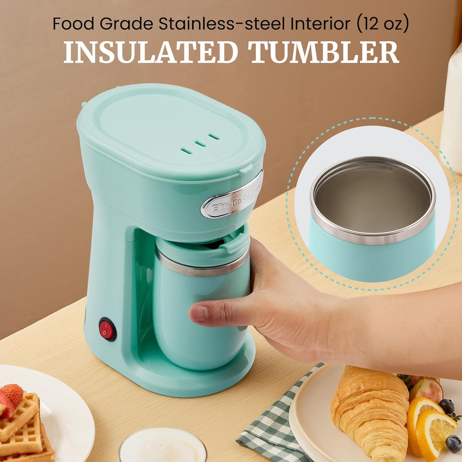 imageElite Gourmet EHC113 Personal SingleServe Compact Coffee Maker Brewer Includes 14Oz Stainless Steel Interior Thermal Travel Mug Compatible with Coffee Grounds Reusable Filter BlackMint