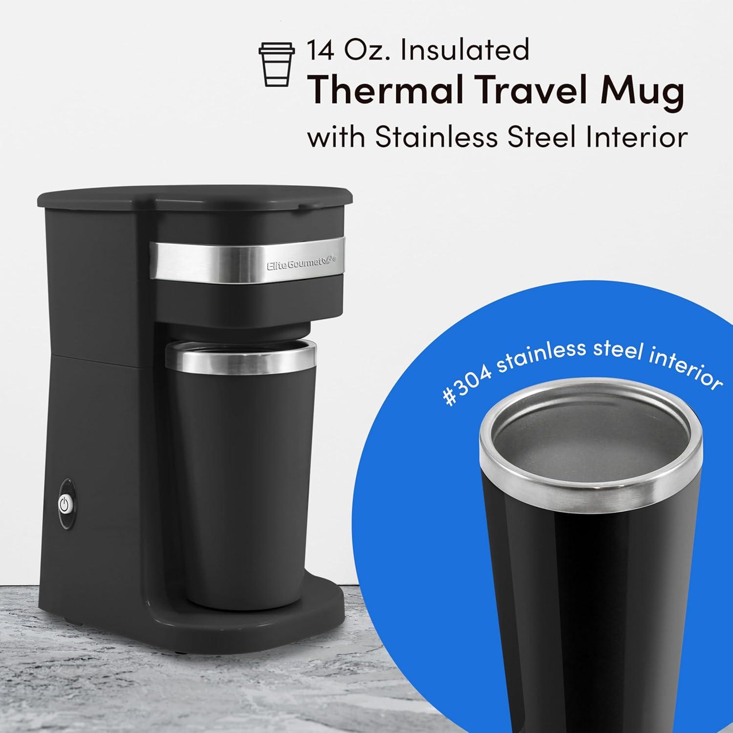 imageElite Gourmet EHC113 Personal SingleServe Compact Coffee Maker Brewer Includes 14Oz Stainless Steel Interior Thermal Travel Mug Compatible with Coffee Grounds Reusable Filter BlackBlack