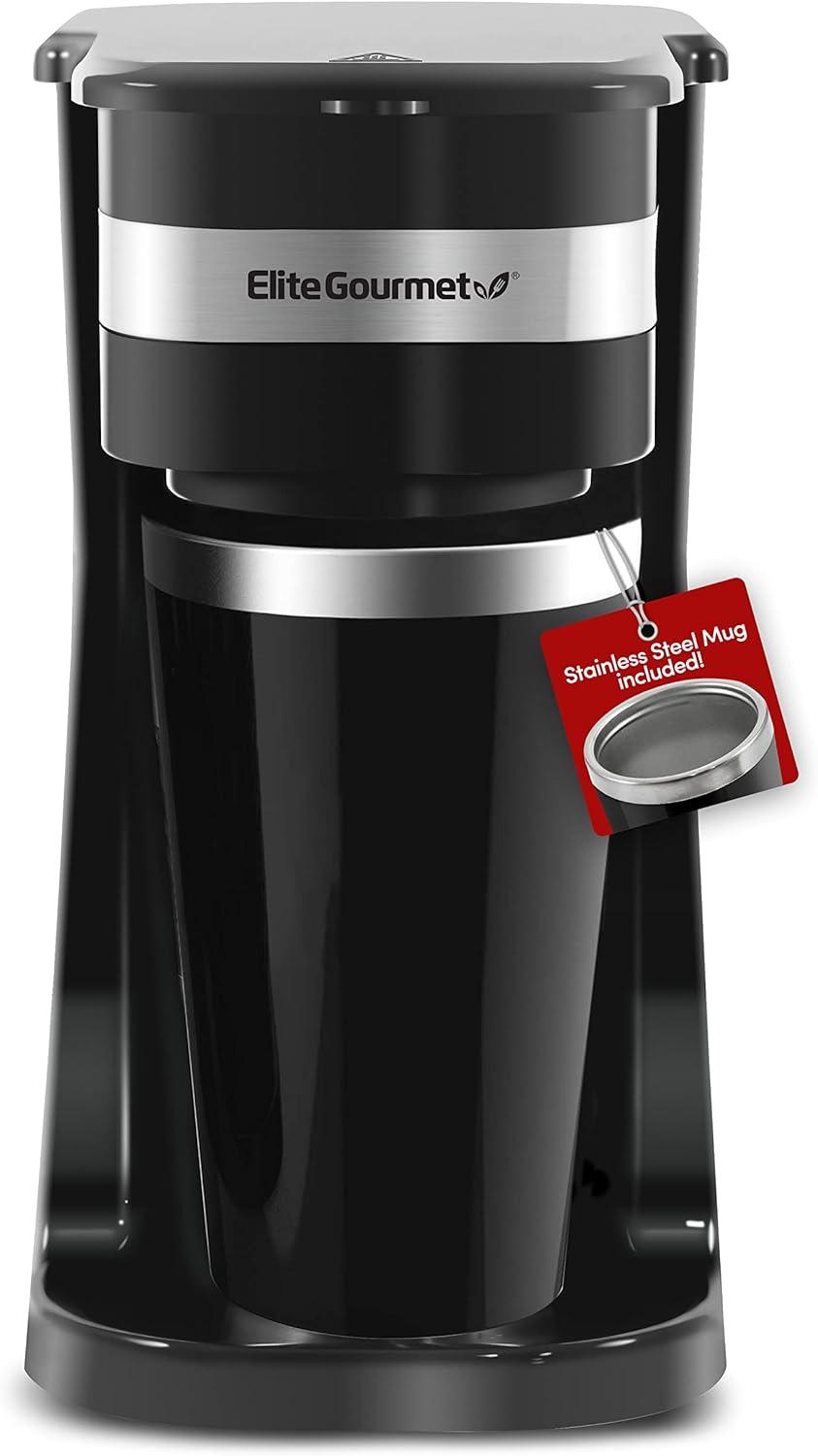 imageElite Gourmet EHC117M Personal SingleServe Compact Coffee Maker Brewer Includes 14Oz Thermal Travel Mug with Stainless Steel Interior Compatible with Coffee Grounds Reusable Filter MintBlack