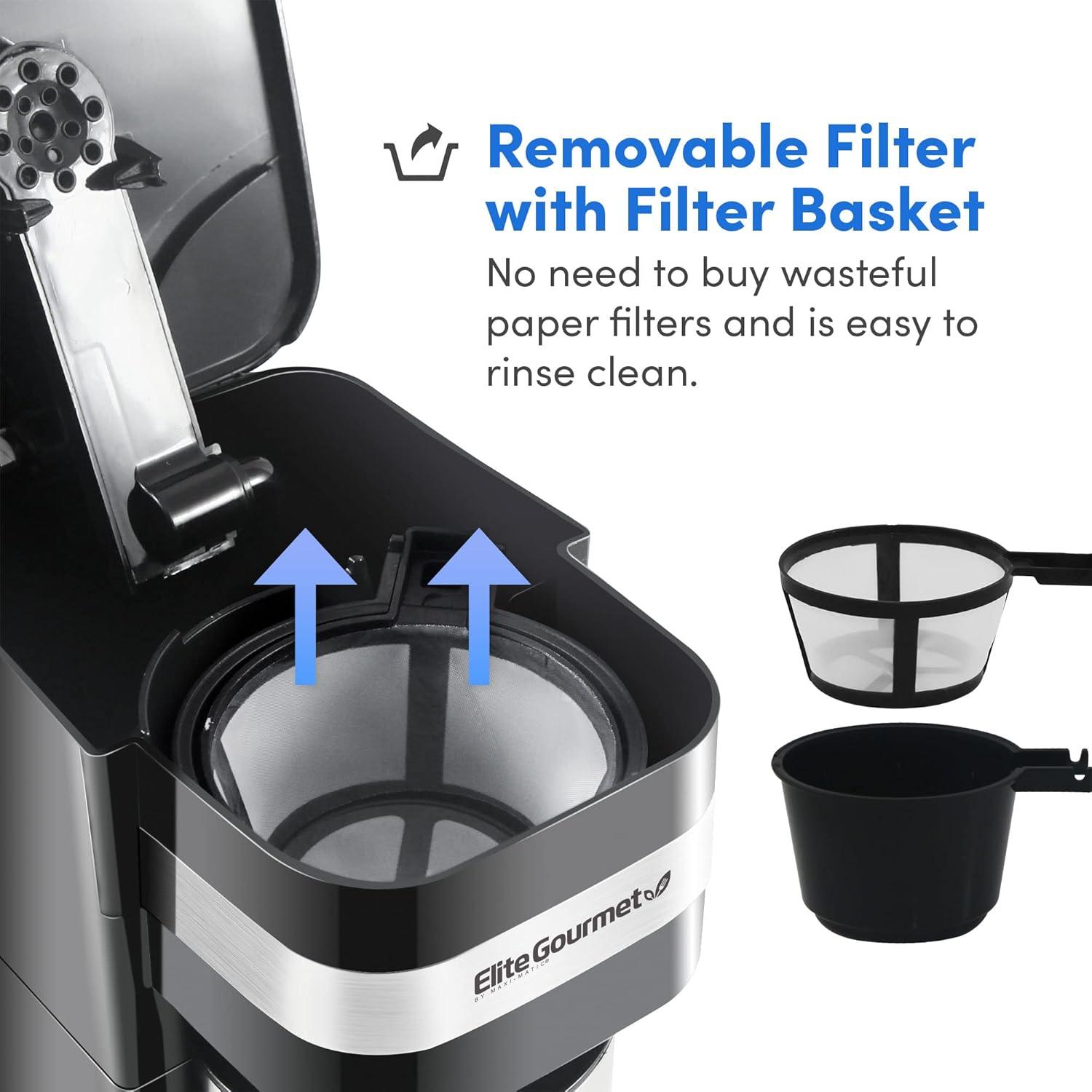 imageElite Gourmet EHC117M Personal SingleServe Compact Coffee Maker Brewer Includes 14Oz Thermal Travel Mug with Stainless Steel Interior Compatible with Coffee Grounds Reusable Filter MintBlack