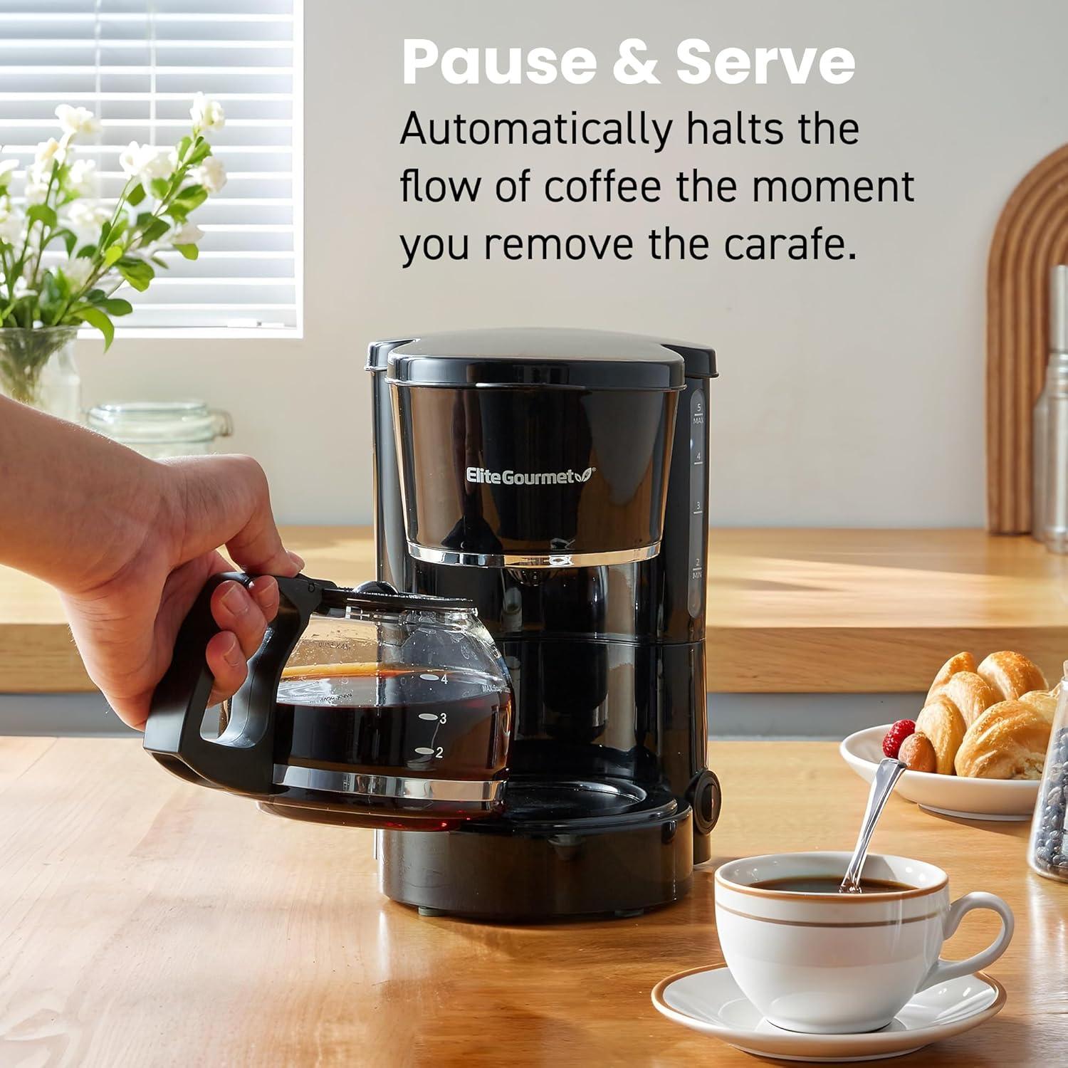imageElite Gourmet EHC5055 Automatic Brew amp Drip Coffee Maker with Pause N Serve Reusable Filter OnOff Switch Water Level Indicator Black5 Cups