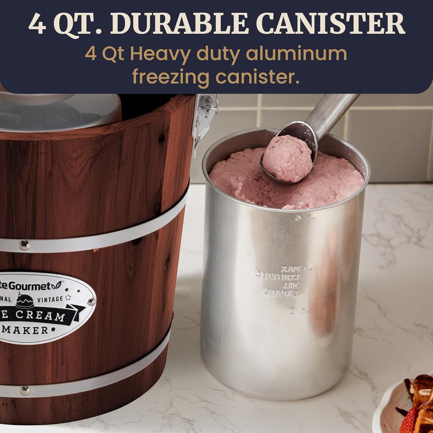 imageElite Gourmet EIM402 Old Fashioned 4 Quart Vintage Wood Bucket Electric Ice Cream Maker Machine Bonus Classic DieCast Hand Crank for Churning Uses Ice and Rock Salt Churns Ice Cream in MinutesWalnut