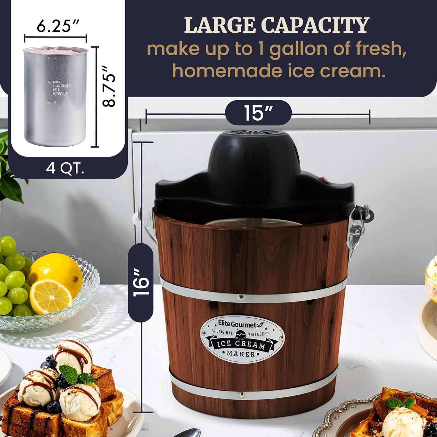 imageElite Gourmet EIM402 Old Fashioned 4 Quart Vintage Wood Bucket Electric Ice Cream Maker Machine Bonus Classic DieCast Hand Crank for Churning Uses Ice and Rock Salt Churns Ice Cream in MinutesWalnut