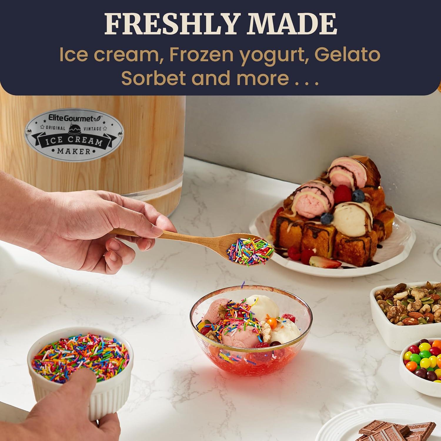imageElite Gourmet EIM402 Old Fashioned 4 Quart Vintage Wood Bucket Electric Ice Cream Maker Machine Bonus Classic DieCast Hand Crank for Churning Uses Ice and Rock Salt Churns Ice Cream in MinutesPine
