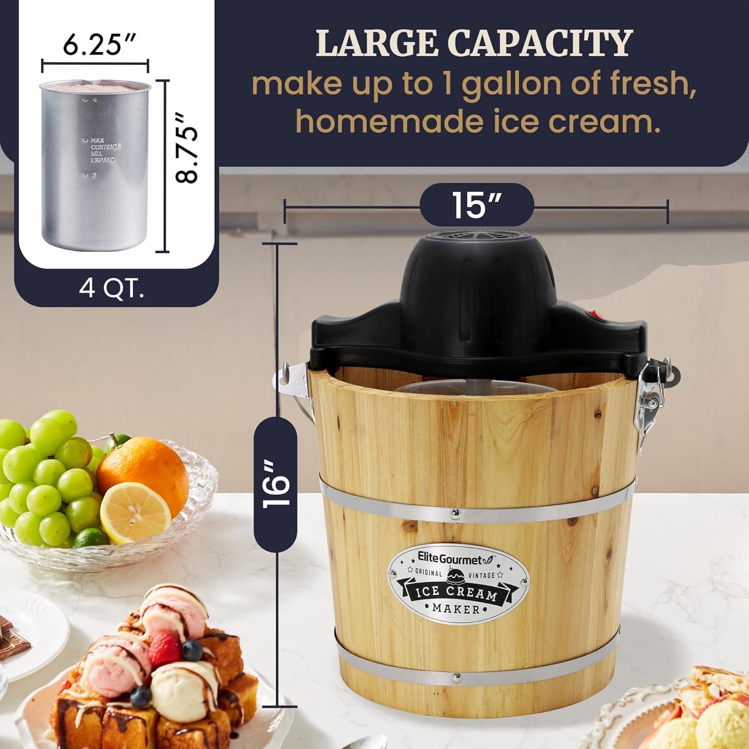 imageElite Gourmet EIM402 Old Fashioned 4 Quart Vintage Wood Bucket Electric Ice Cream Maker Machine Bonus Classic DieCast Hand Crank for Churning Uses Ice and Rock Salt Churns Ice Cream in MinutesPine