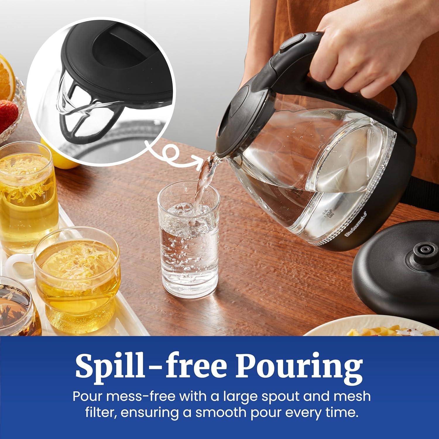 imageElite Gourmet EKT1001 Electric 10L BPAFree 1100W Glass Kettle Cordless 360 Base Stylish Blue LED Interior Handy Auto ShutOff Function Quickly Boil Water For Tea amp More BlackGlass