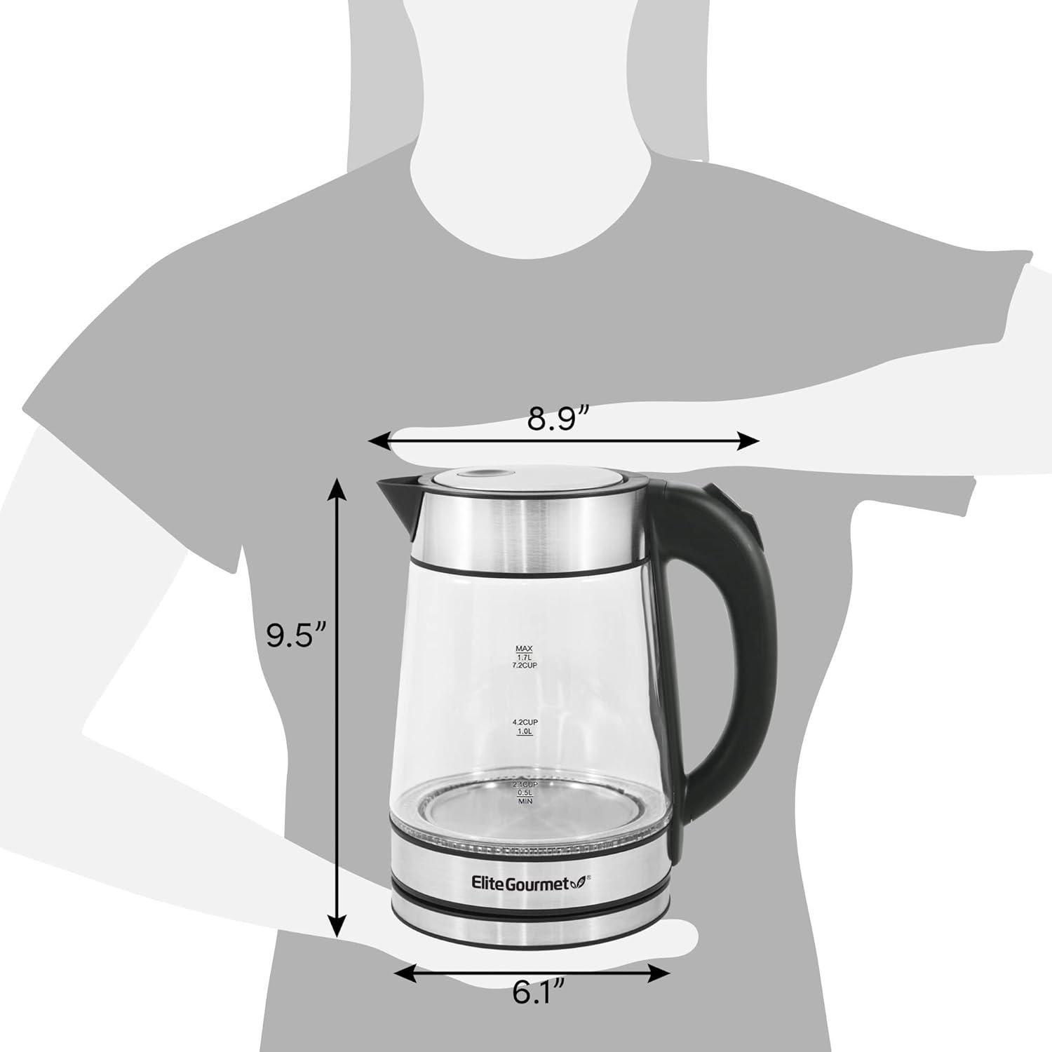 imageElite Gourmet EKT1001 Electric 10L BPAFree 1100W Glass Kettle Cordless 360 Base Stylish Blue LED Interior Handy Auto ShutOff Function Quickly Boil Water For Tea amp More BlackStainless Steel