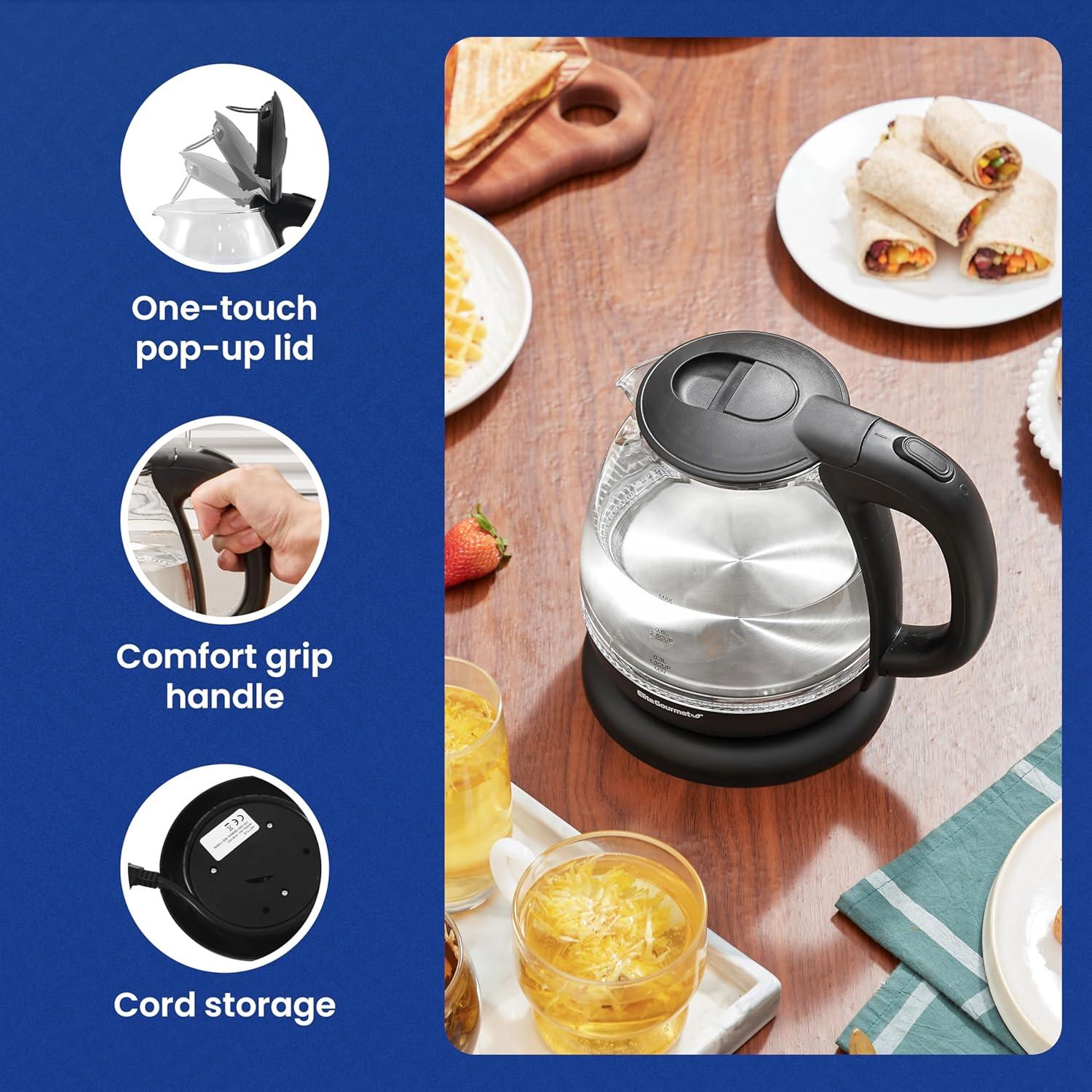 imageElite Gourmet EKT1001 Electric 10L BPAFree 1100W Glass Kettle Cordless 360 Base Stylish Blue LED Interior Handy Auto ShutOff Function Quickly Boil Water For Tea amp More BlackGlass