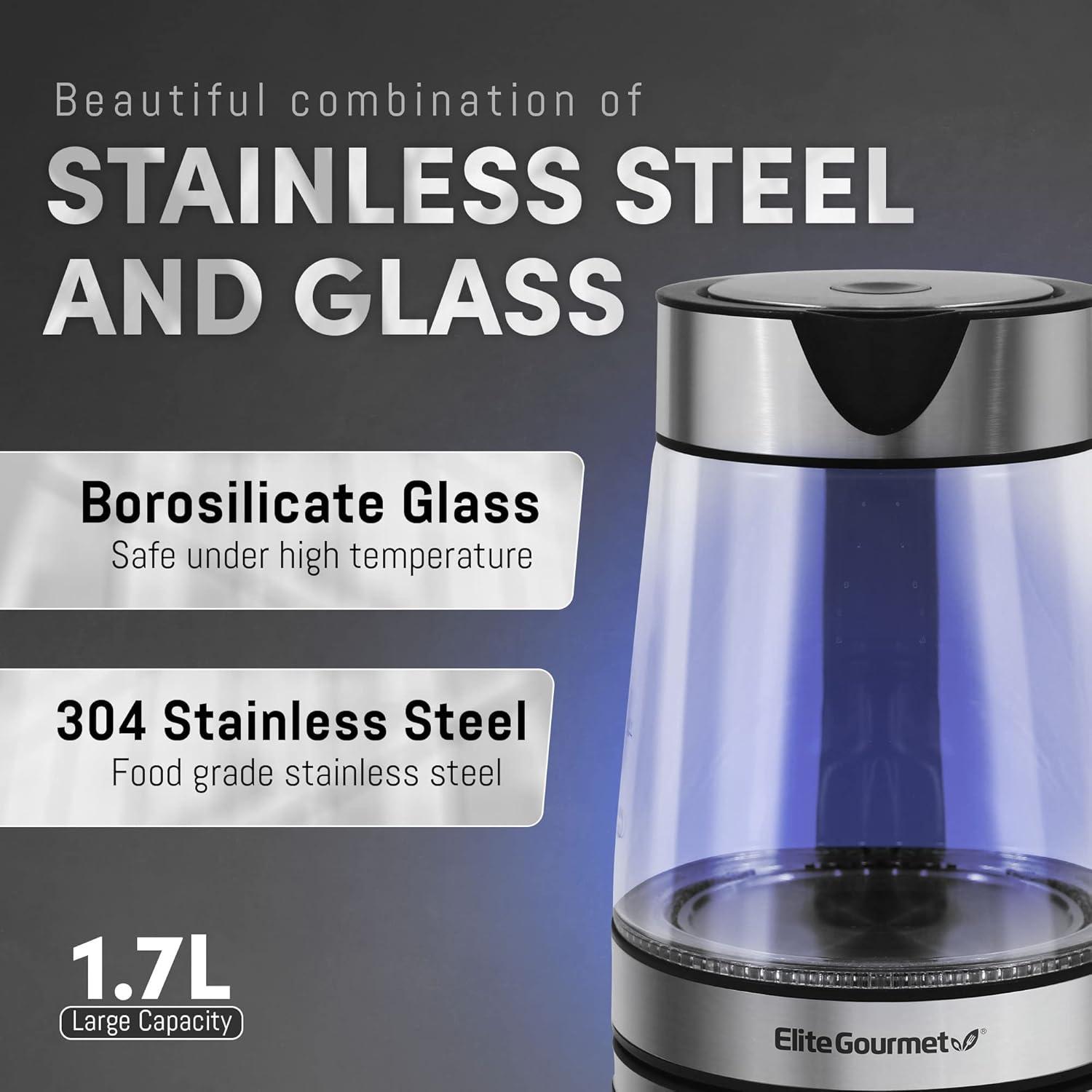 imageElite Gourmet EKT1001 Electric 10L BPAFree 1100W Glass Kettle Cordless 360 Base Stylish Blue LED Interior Handy Auto ShutOff Function Quickly Boil Water For Tea amp More BlackStainless Steel