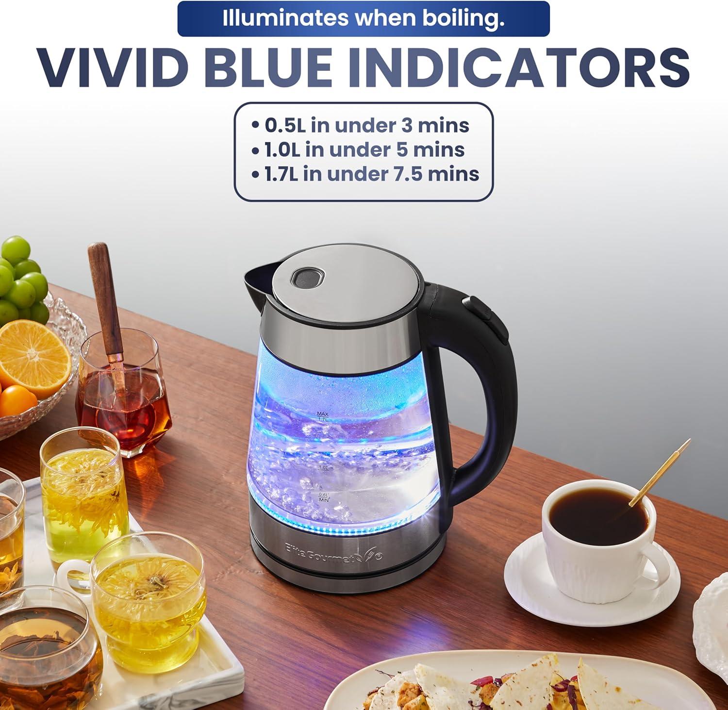 imageElite Gourmet EKT602 Electric BPAFree Glass Kettle Cordless 360 Base Stylish Blue LED Interior Handy Auto ShutOff Function Quickly Boil Water For Tea amp MoreStainless SteelGlass