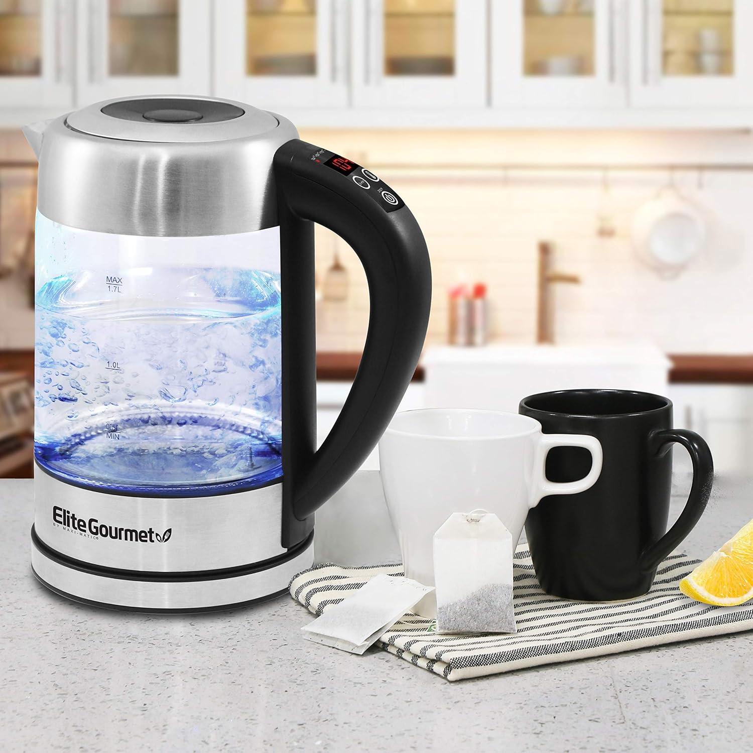 imageElite Gourmet EKT602 Electric BPAFree Glass Kettle Cordless 360 Base Stylish Blue LED Interior Handy Auto ShutOff Function Quickly Boil Water For Tea amp MoreGlass