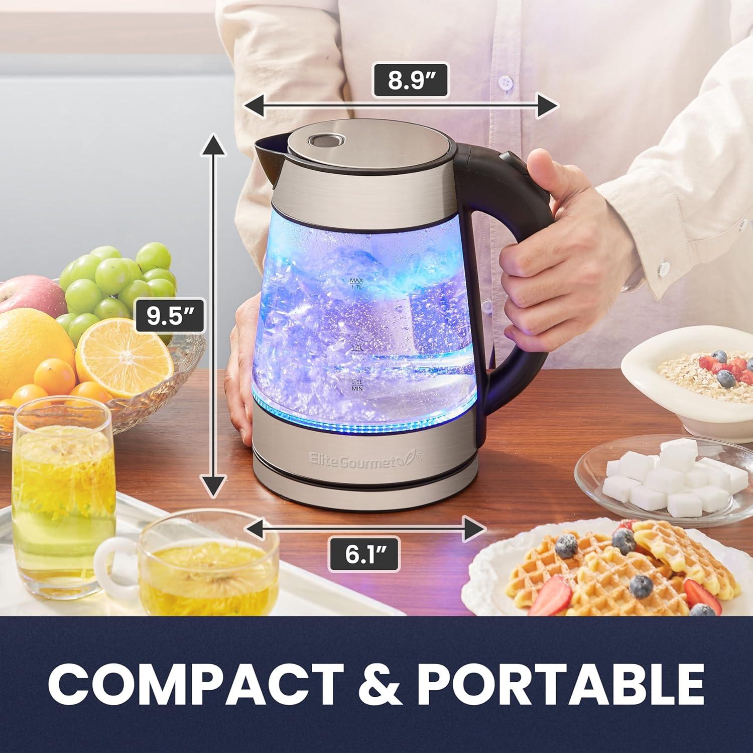 imageElite Gourmet EKT602 Electric BPAFree Glass Kettle Cordless 360 Base Stylish Blue LED Interior Handy Auto ShutOff Function Quickly Boil Water For Tea amp MoreStainless SteelGlass