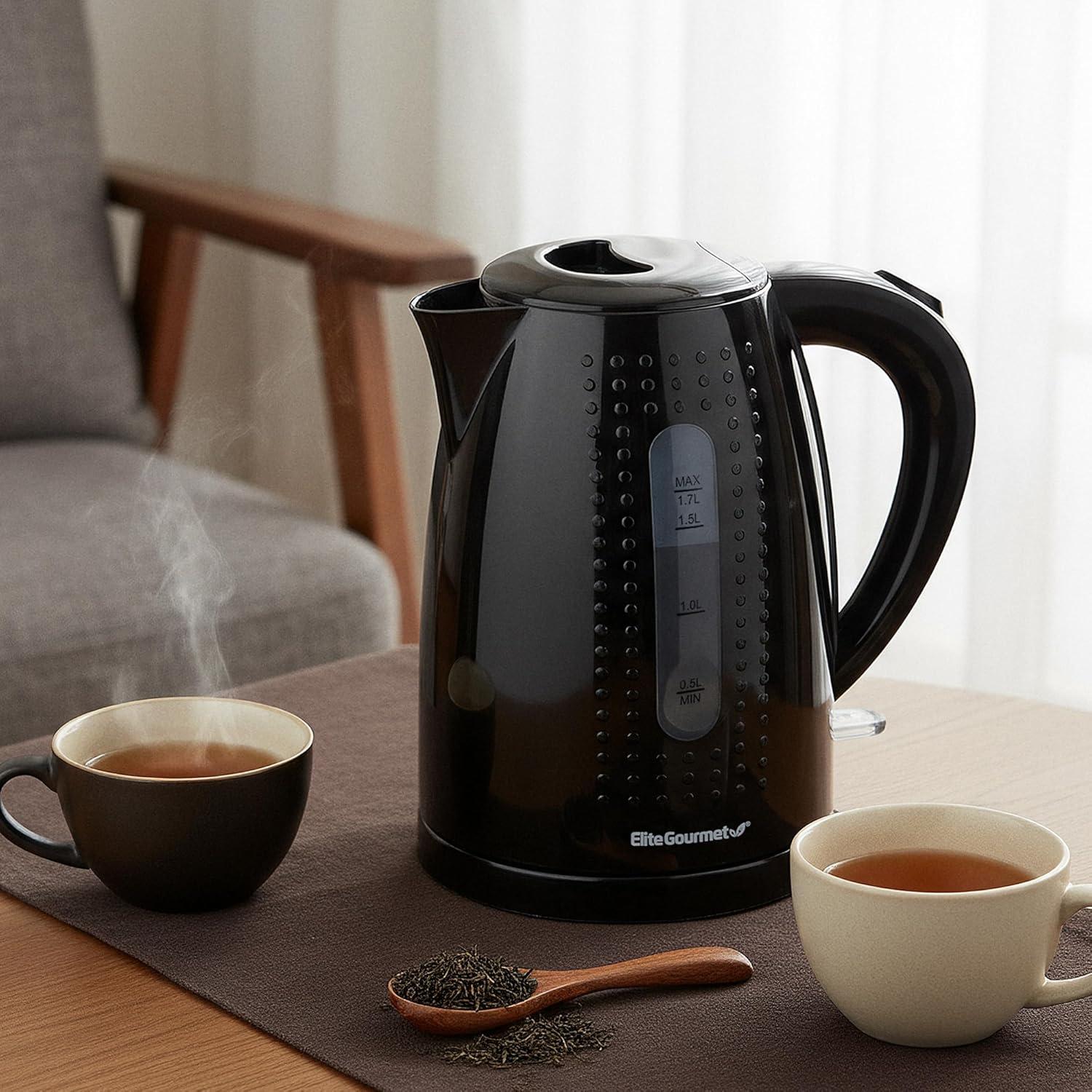 imageElite Gourmet EKT602 Electric BPAFree Glass Kettle Cordless 360 Base Stylish Blue LED Interior Handy Auto ShutOff Function Quickly Boil Water For Tea amp MoreBlack