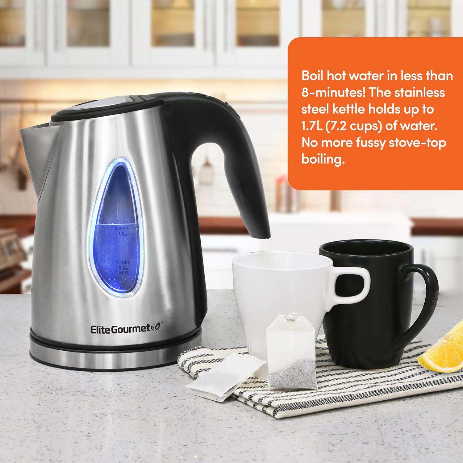 imageElite Gourmet EKT602 Electric BPAFree Glass Kettle Cordless 360 Base Stylish Blue LED Interior Handy Auto ShutOff Function Quickly Boil Water For Tea amp MoreStainless Steel